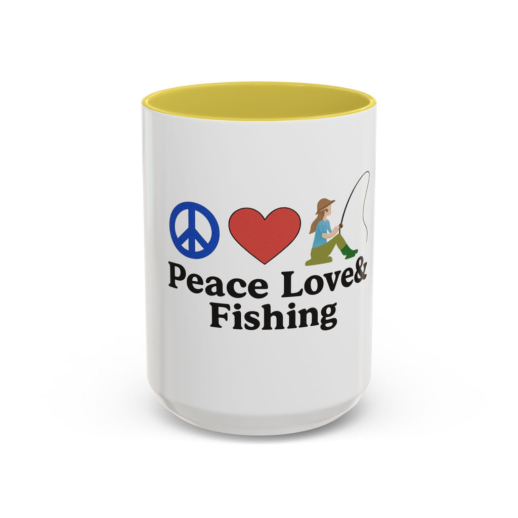 Peace, Love & Fishing Mug - Colorful Ceramic Coffee Cup for Anglers