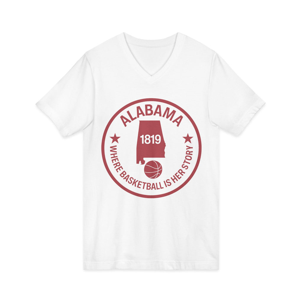 Alabama Basketball V-Neck Tee — "Where Basketball Is Her Story" State Logo
