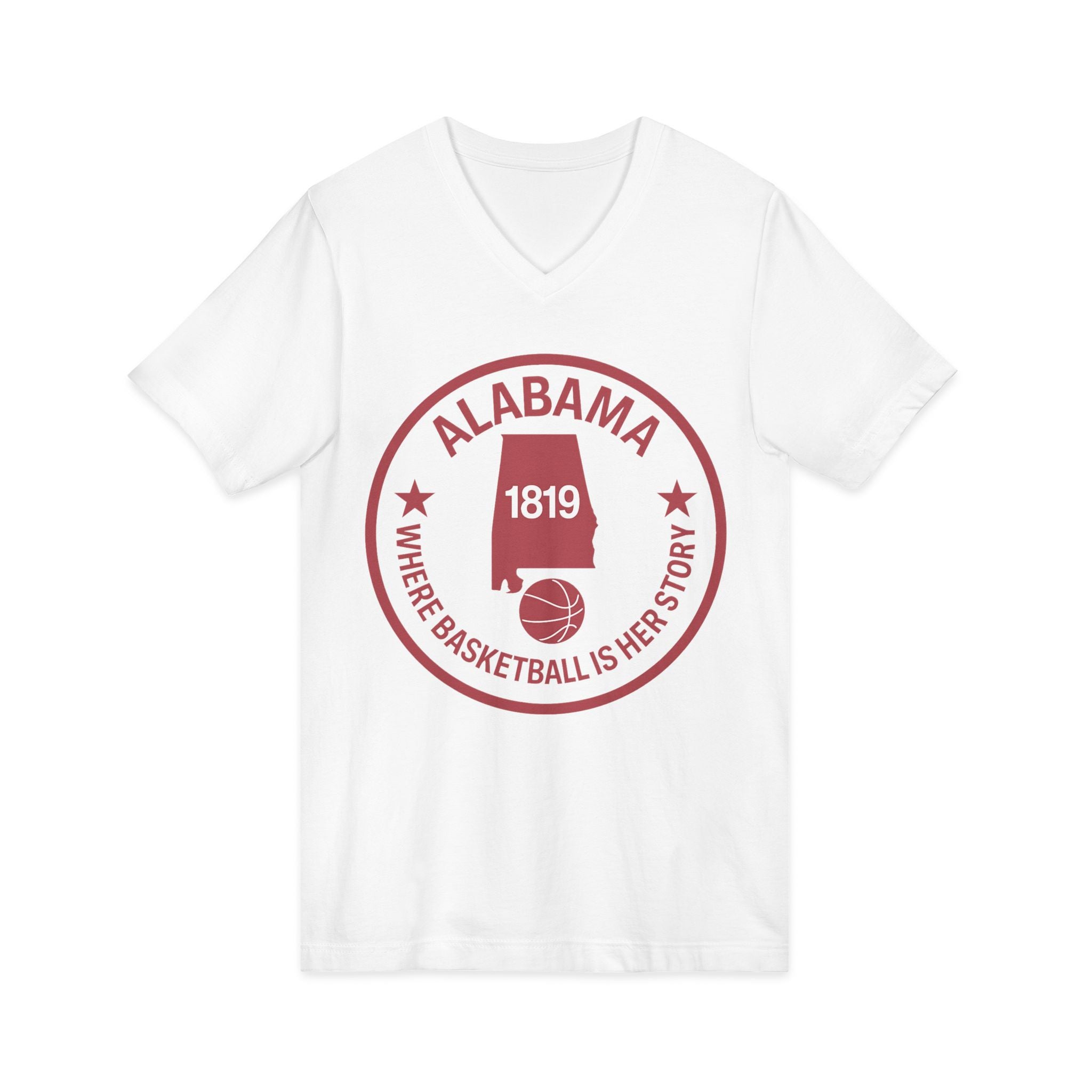 Alabama Basketball V-Neck Tee — "Where Basketball Is Her Story" State Logo