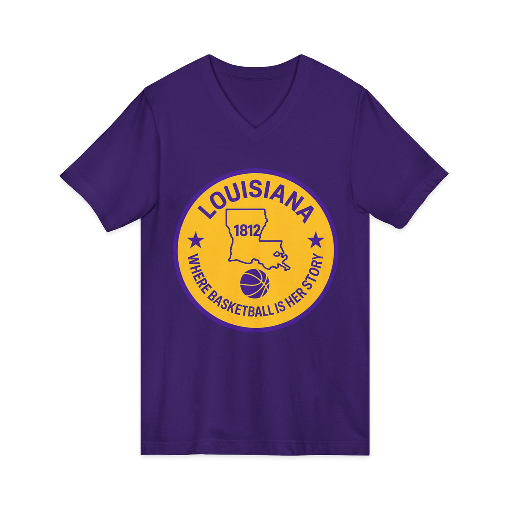 Louisiana Basketball V-Neck Tee — "Where Basketball Is Her Story" State Circle Design
