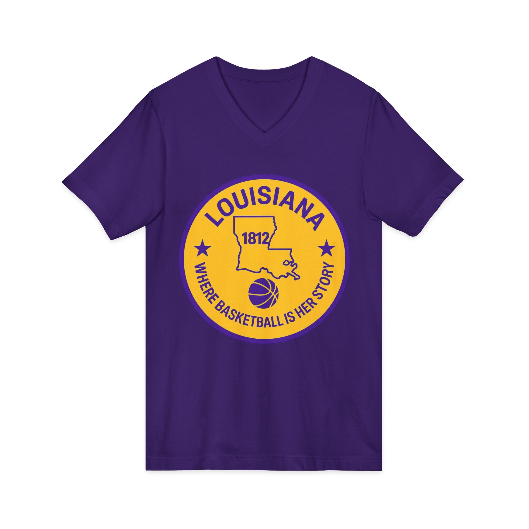 Louisiana Basketball V-Neck Tee — "Where Basketball Is Her Story" State Circle Design
