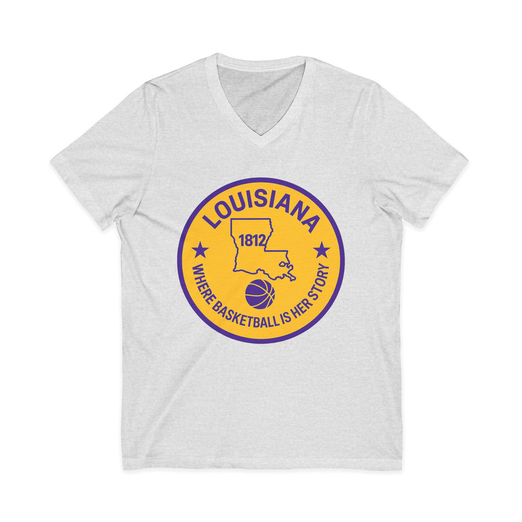 Louisiana Basketball V-Neck Tee — "Where Basketball Is Her Story" State Circle Design