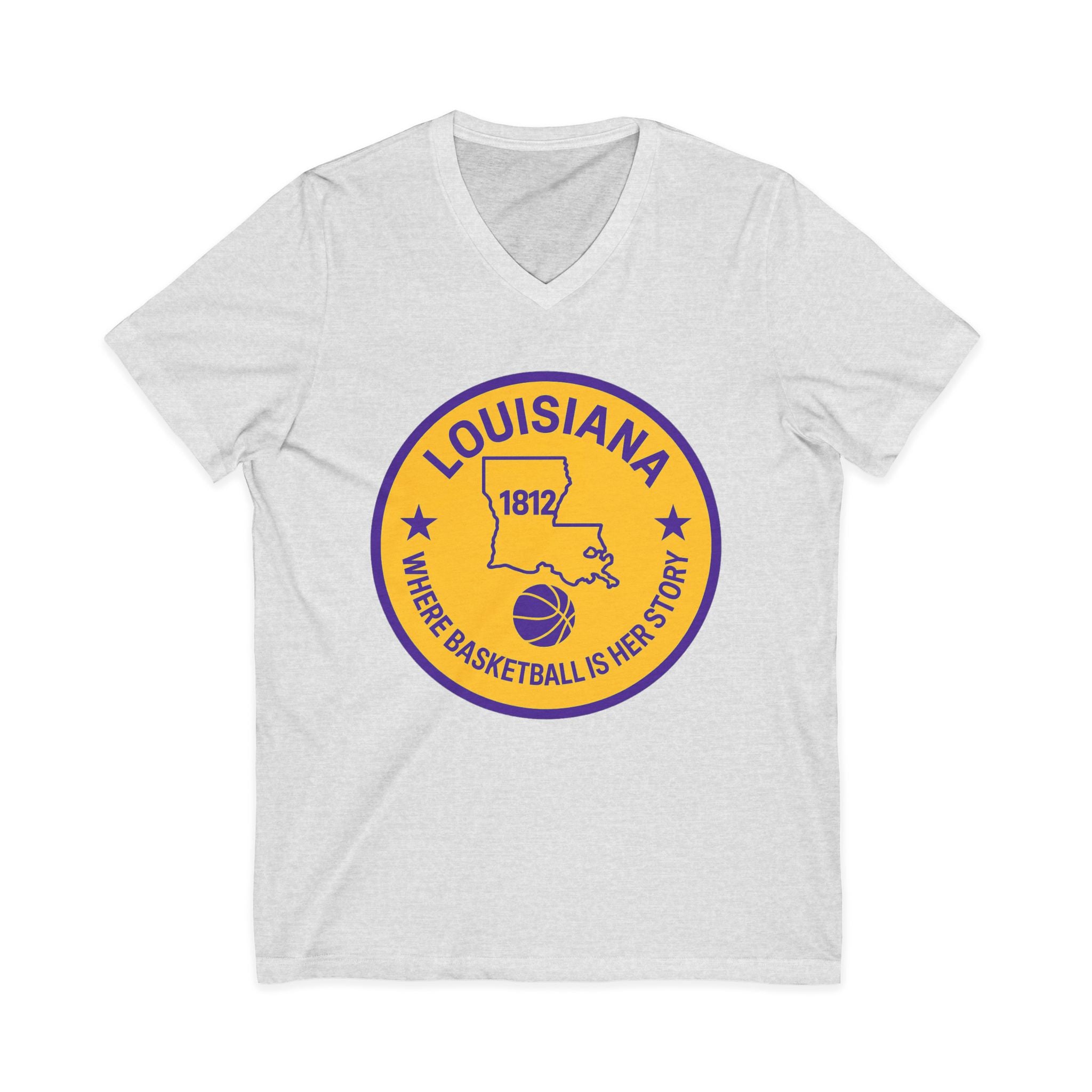 Louisiana Basketball V-Neck Tee — "Where Basketball Is Her Story" State Circle Design