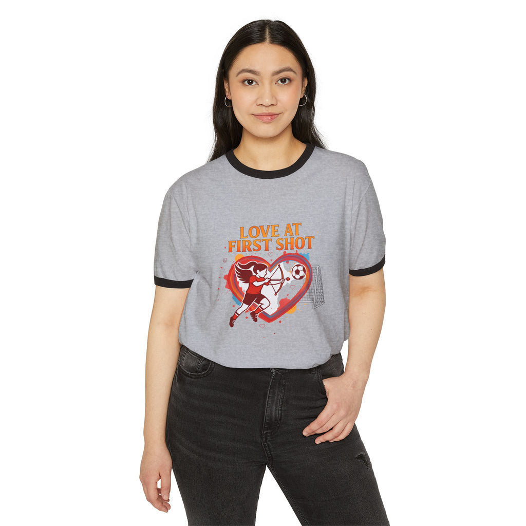 Soccer Love Ringer Tee — "Love at First Shot" Graphic T-Shirt