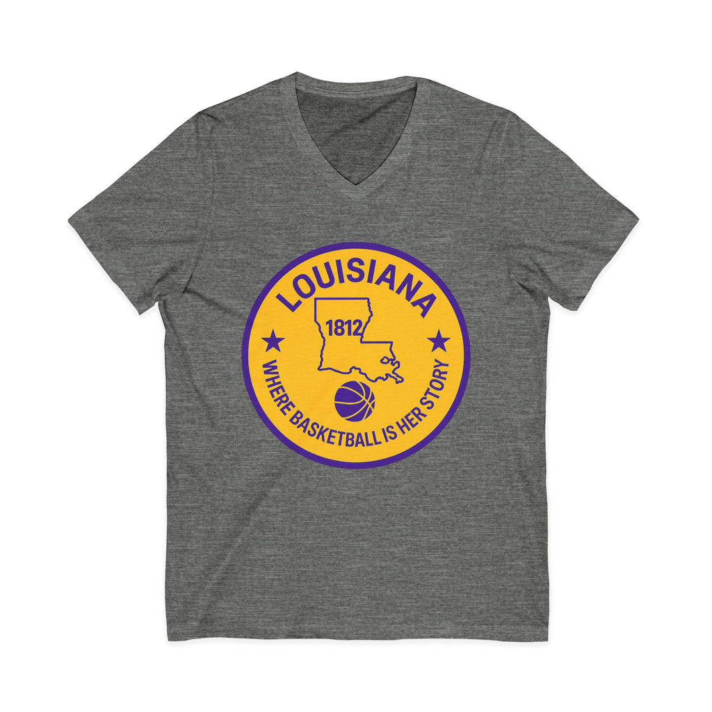 Louisiana Basketball V-Neck Tee — "Where Basketball Is Her Story" State Circle Design