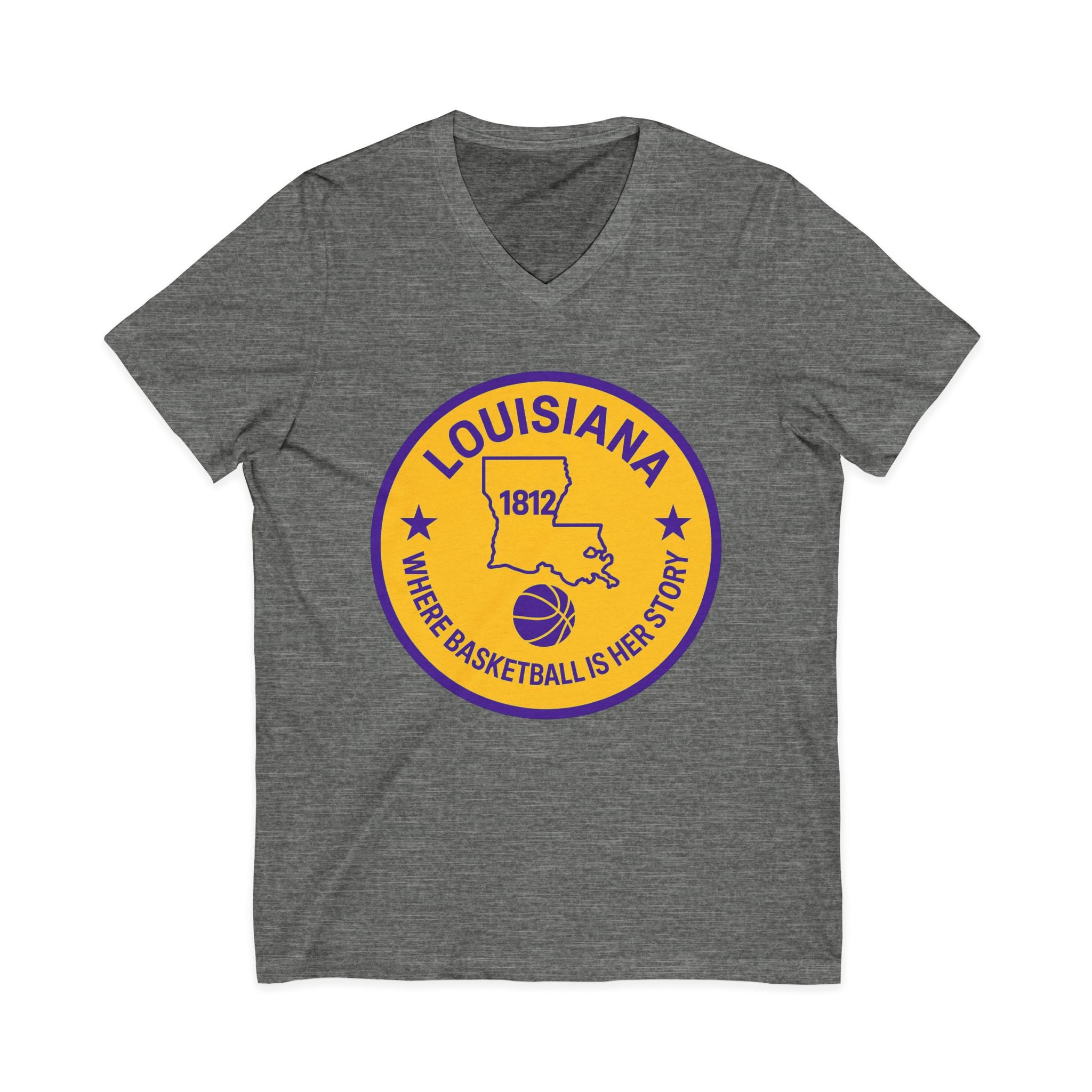 Louisiana Basketball V-Neck Tee — "Where Basketball Is Her Story" State Circle Design