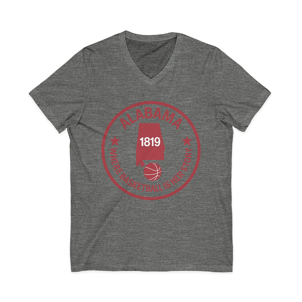 Alabama Basketball V-Neck Tee — "Where Basketball Is Her Story" State Logo