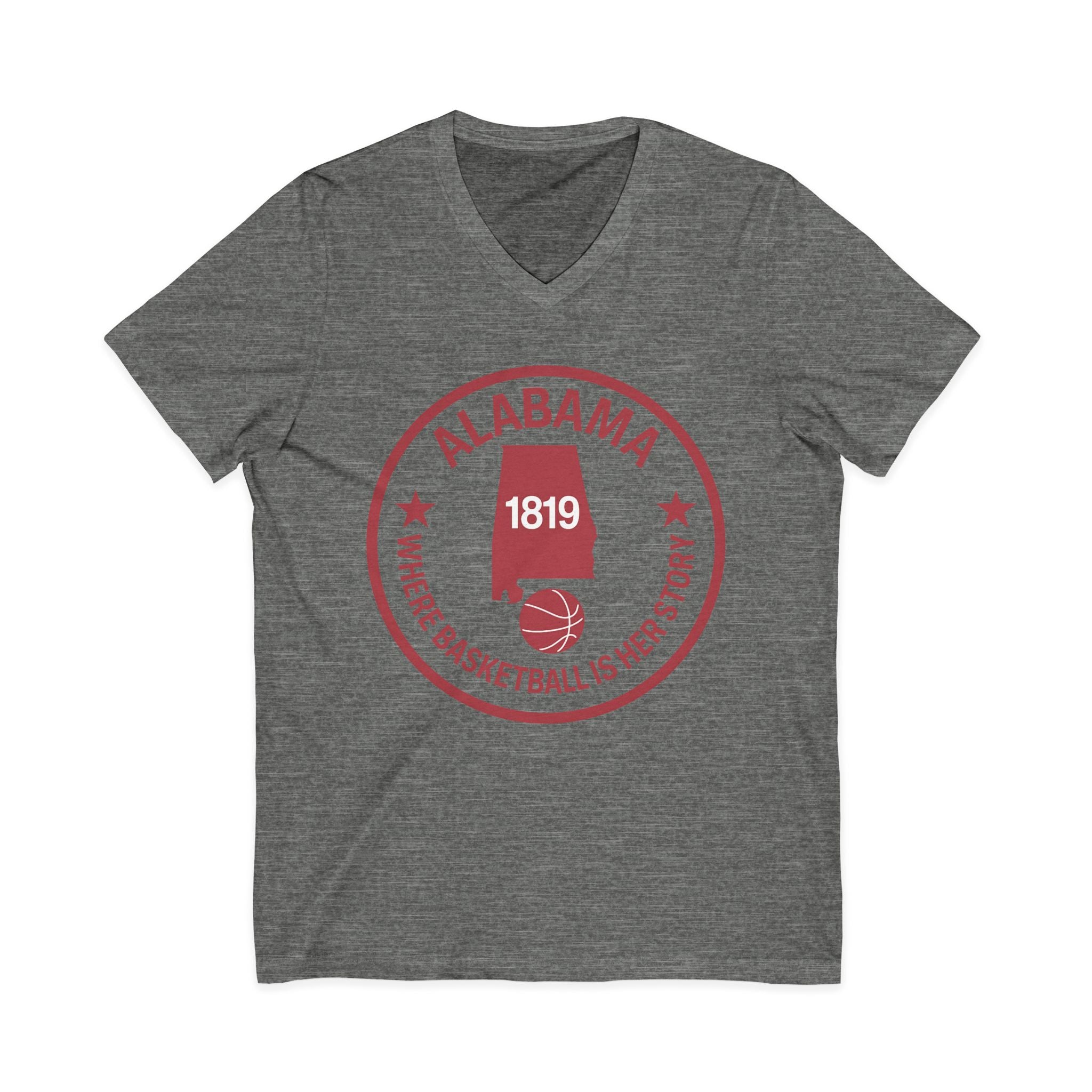 Alabama Basketball V-Neck Tee — "Where Basketball Is Her Story" State Logo