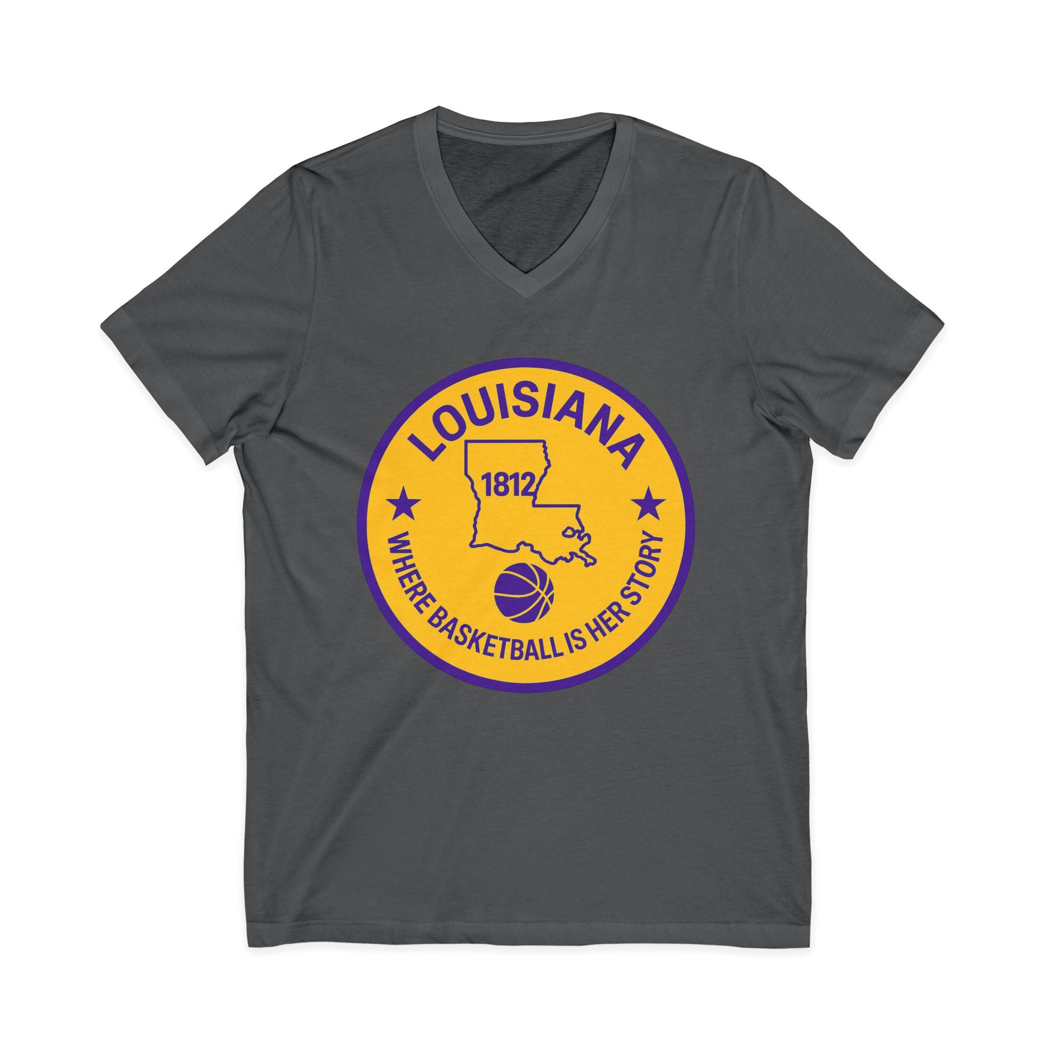 Louisiana Basketball V-Neck Tee — "Where Basketball Is Her Story" State Circle Design