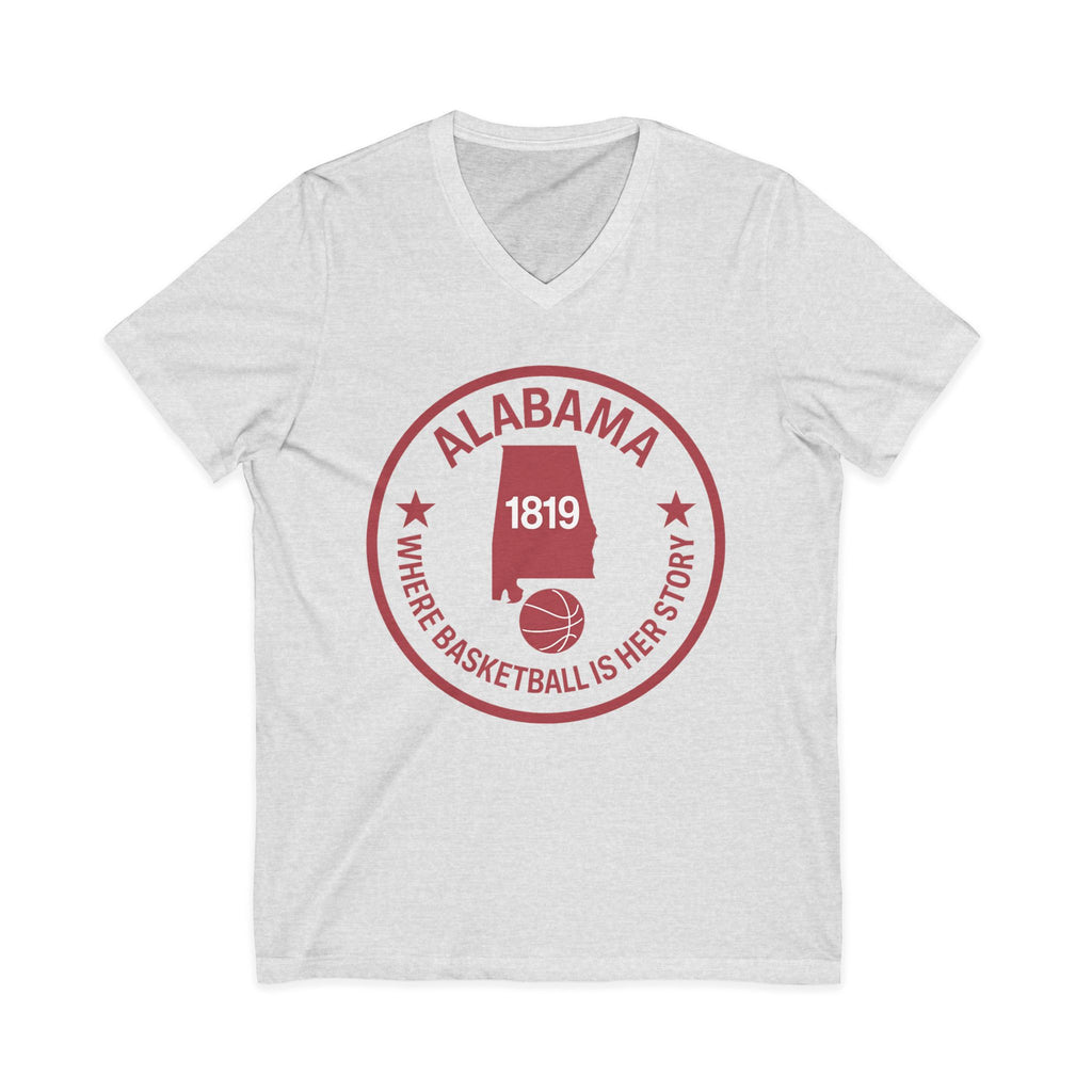 Alabama Basketball V-Neck Tee — "Where Basketball Is Her Story" State Logo