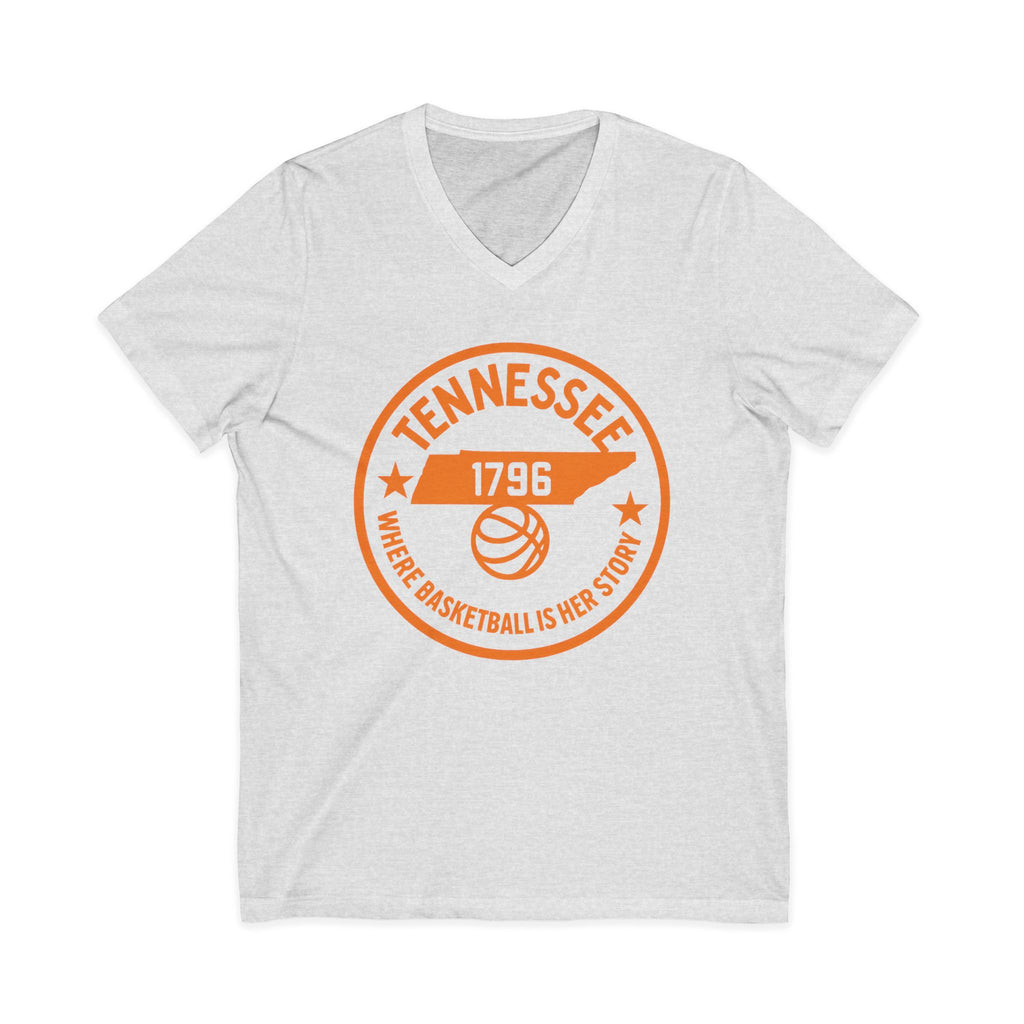Tennessee Basketball V-Neck Tee — "Where Basketball Is Her Story"