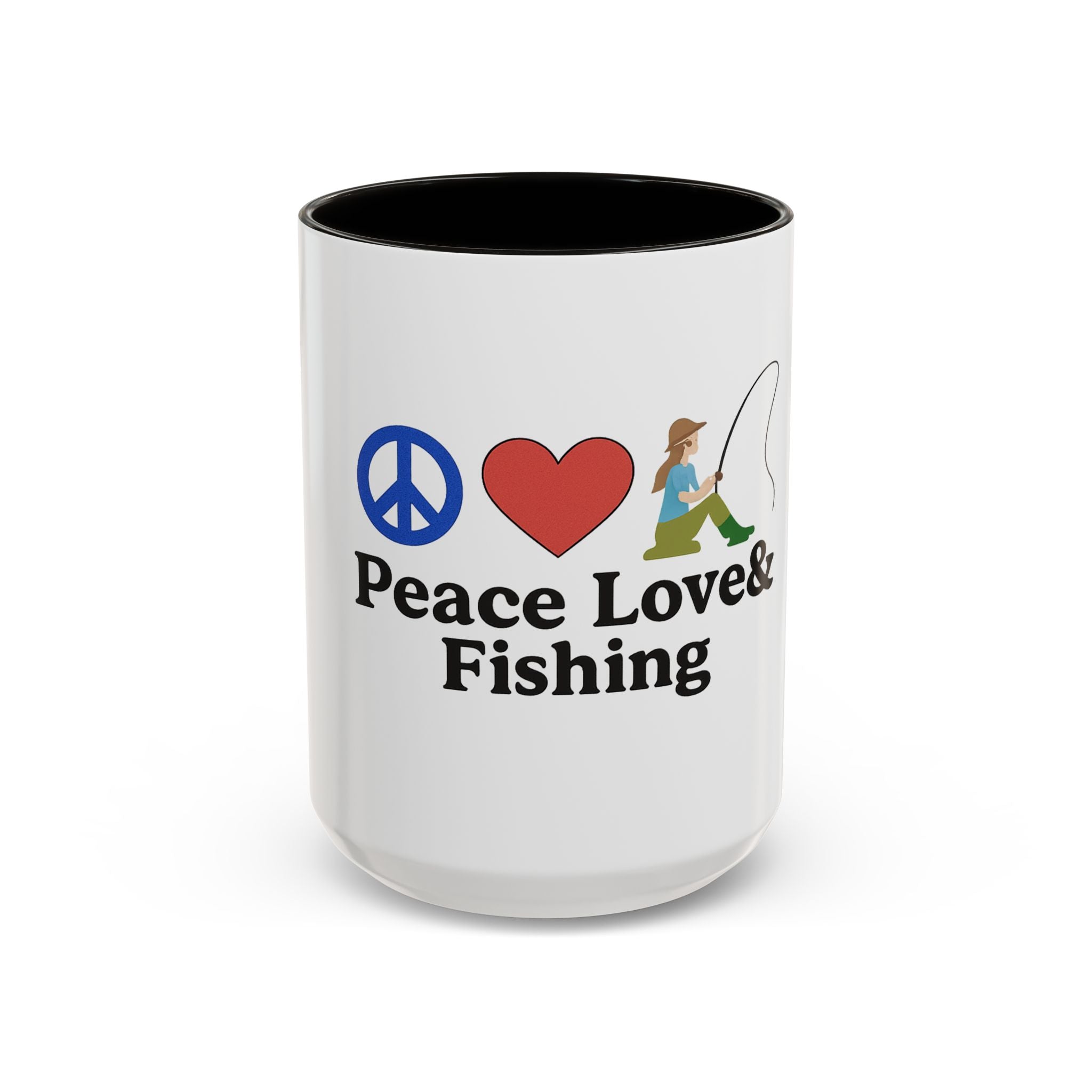 Peace, Love & Fishing Mug - Colorful Ceramic Coffee Cup for Anglers