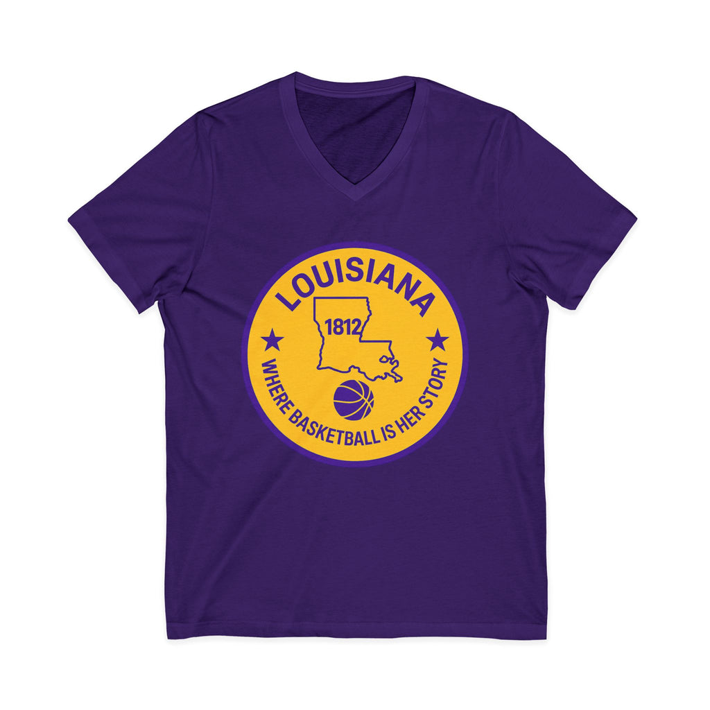 Louisiana Basketball V-Neck Tee — "Where Basketball Is Her Story" State Circle Design