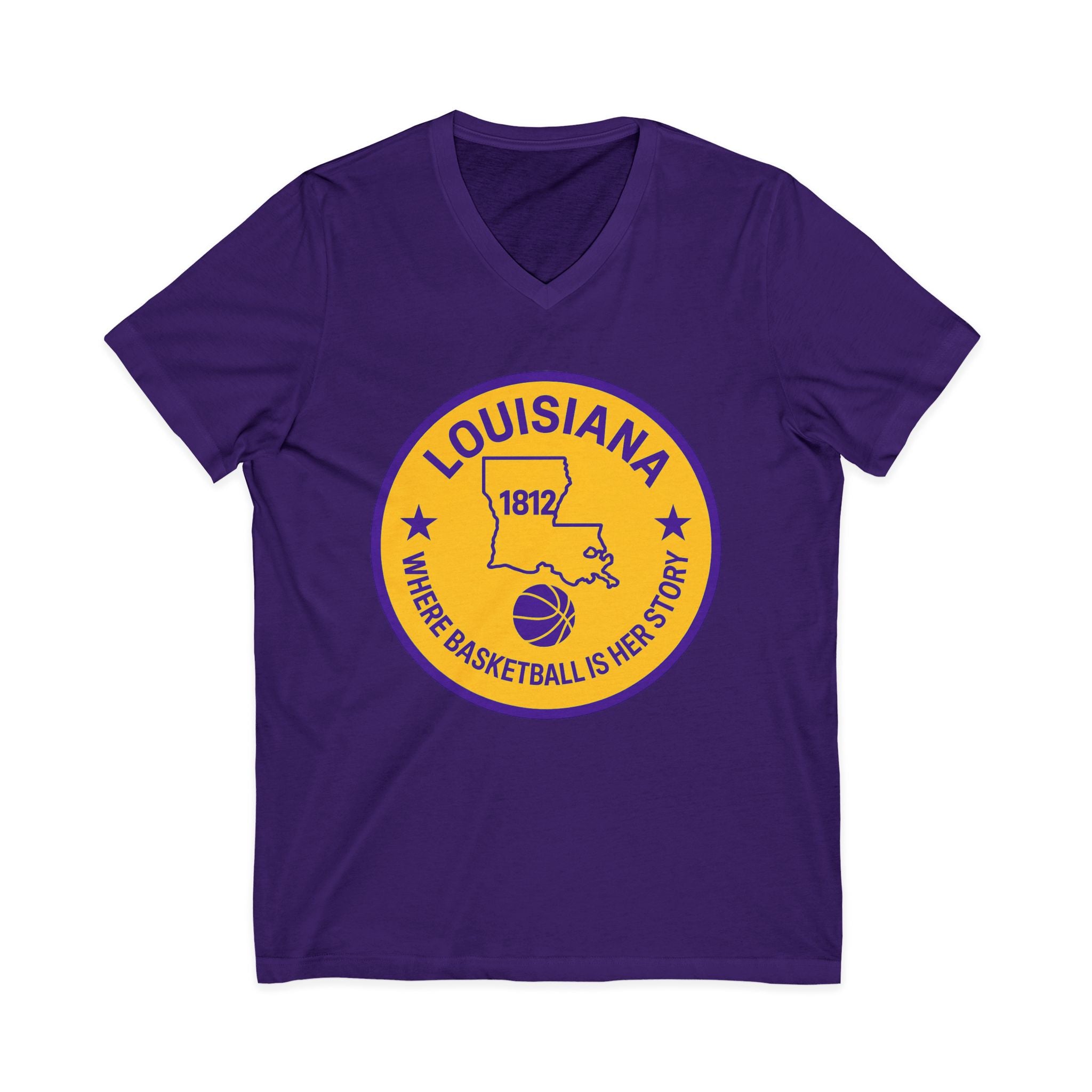 Louisiana Basketball V-Neck Tee — "Where Basketball Is Her Story" State Circle Design