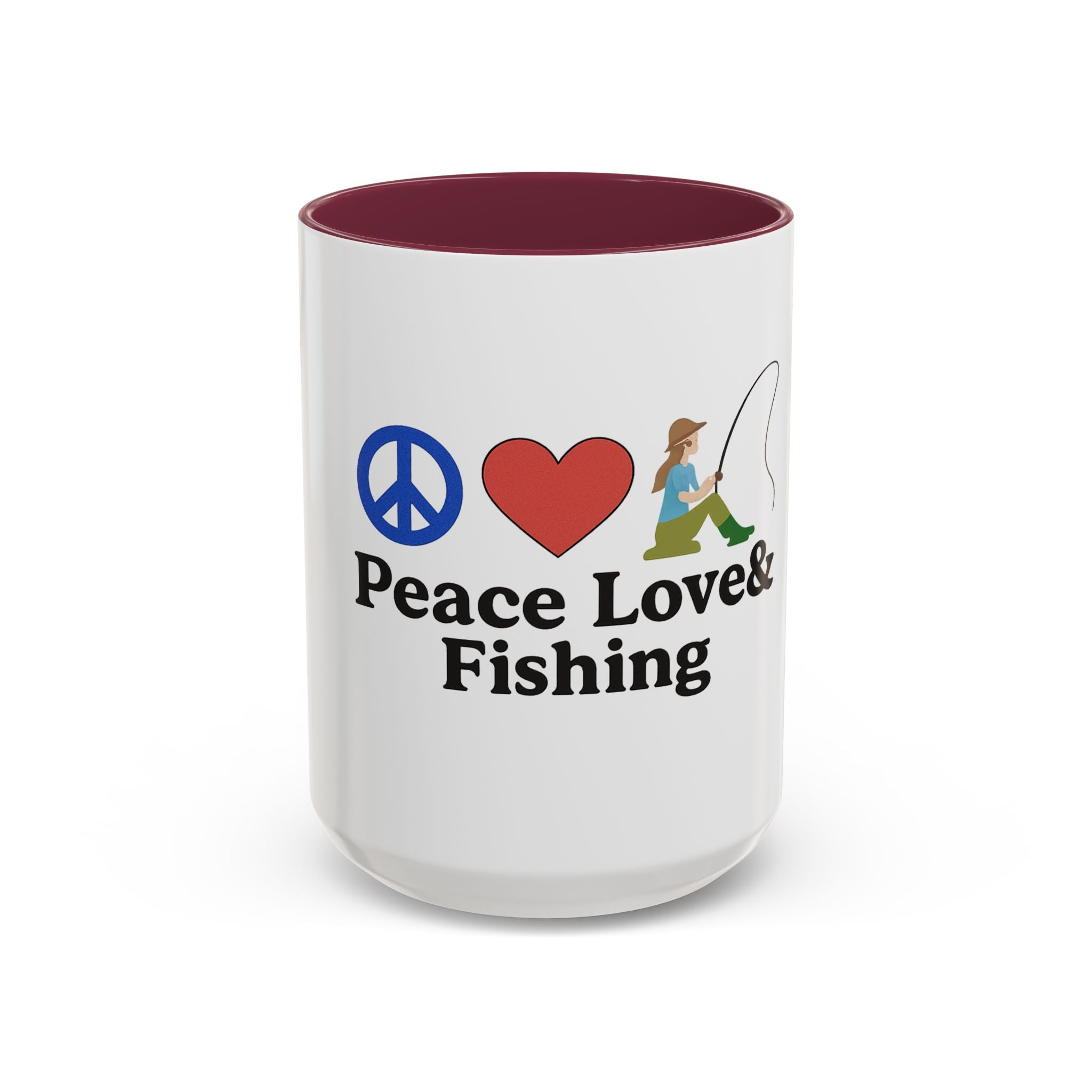 Peace, Love & Fishing Mug - Colorful Ceramic Coffee Cup for Anglers