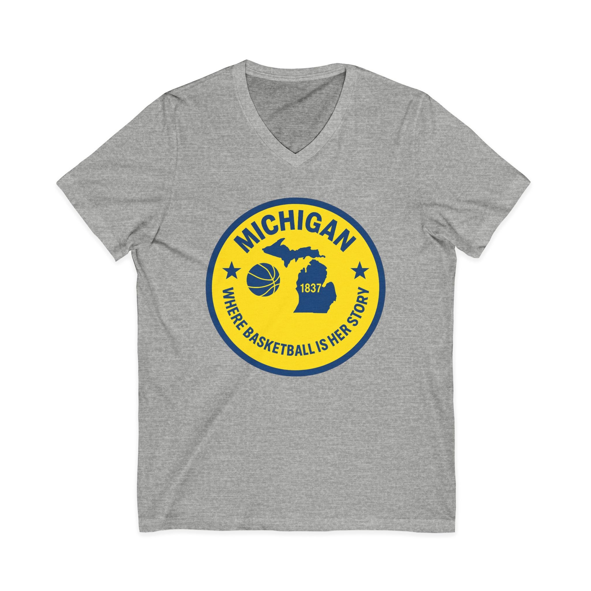 Michigan Basketball V-Neck Tee — 'Where Basketball Is Her Story' State Badge
