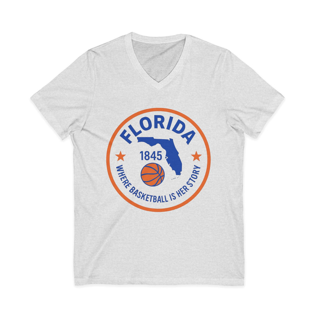 Florida Basketball V‑Neck Tee — "Where Basketball Is Her Story"
