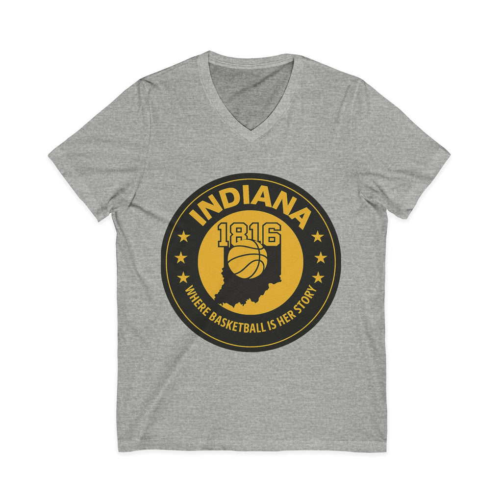 Indiana 1816 Basketball State Tee — "Where Basketball Is Her Story" V‑Neck