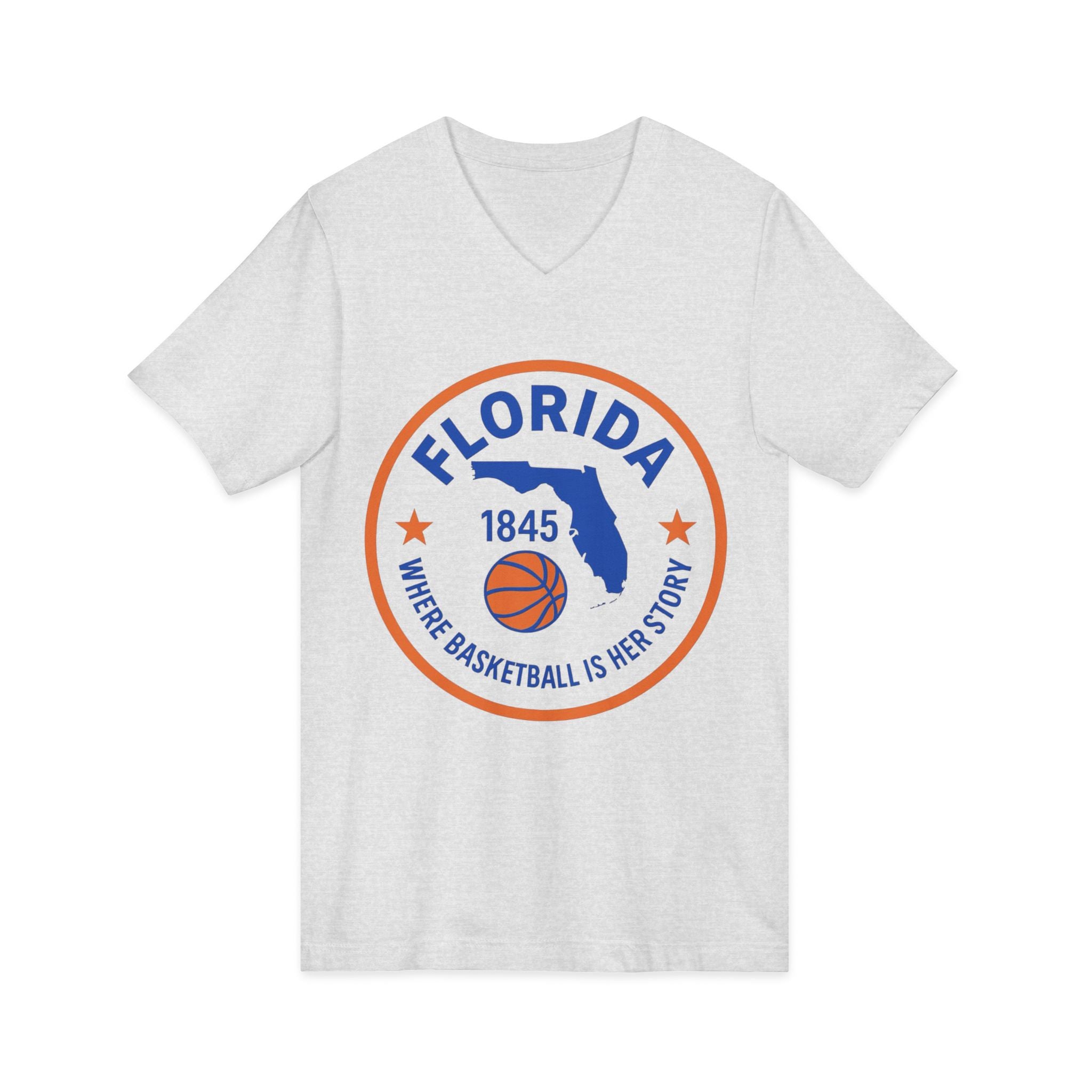 Florida Basketball V‑Neck Tee — "Where Basketball Is Her Story"
