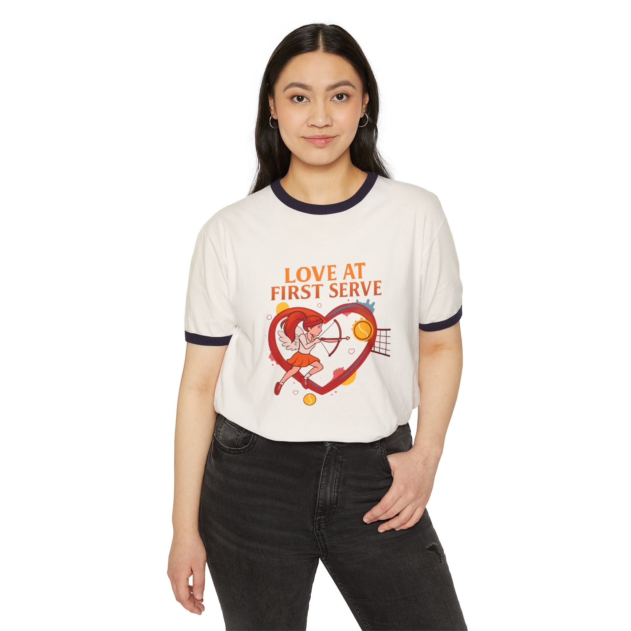 T-Shirt – "Love at First Serve" Tennis Heart Ringer Tee
