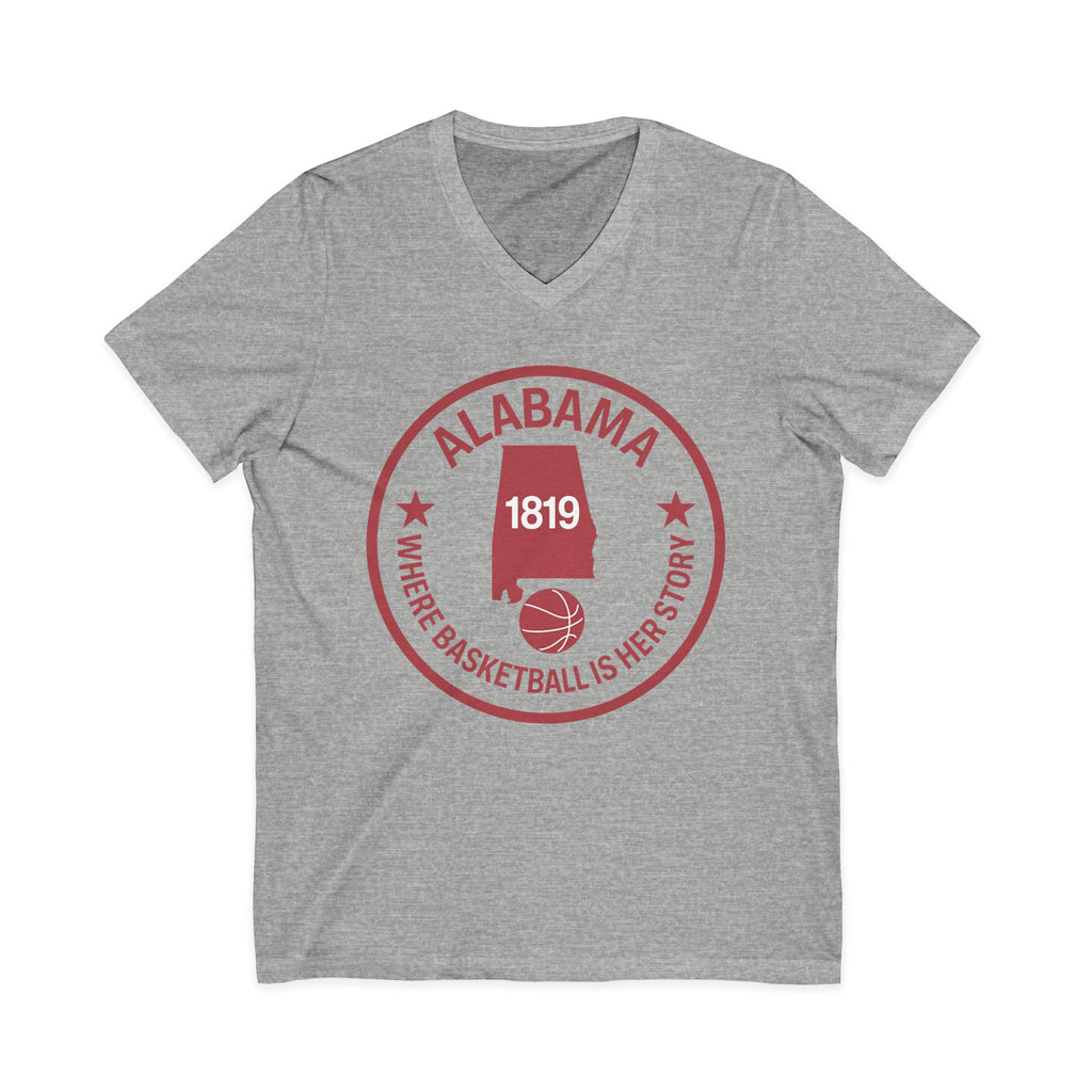 Alabama Basketball V-Neck Tee — "Where Basketball Is Her Story" State Logo