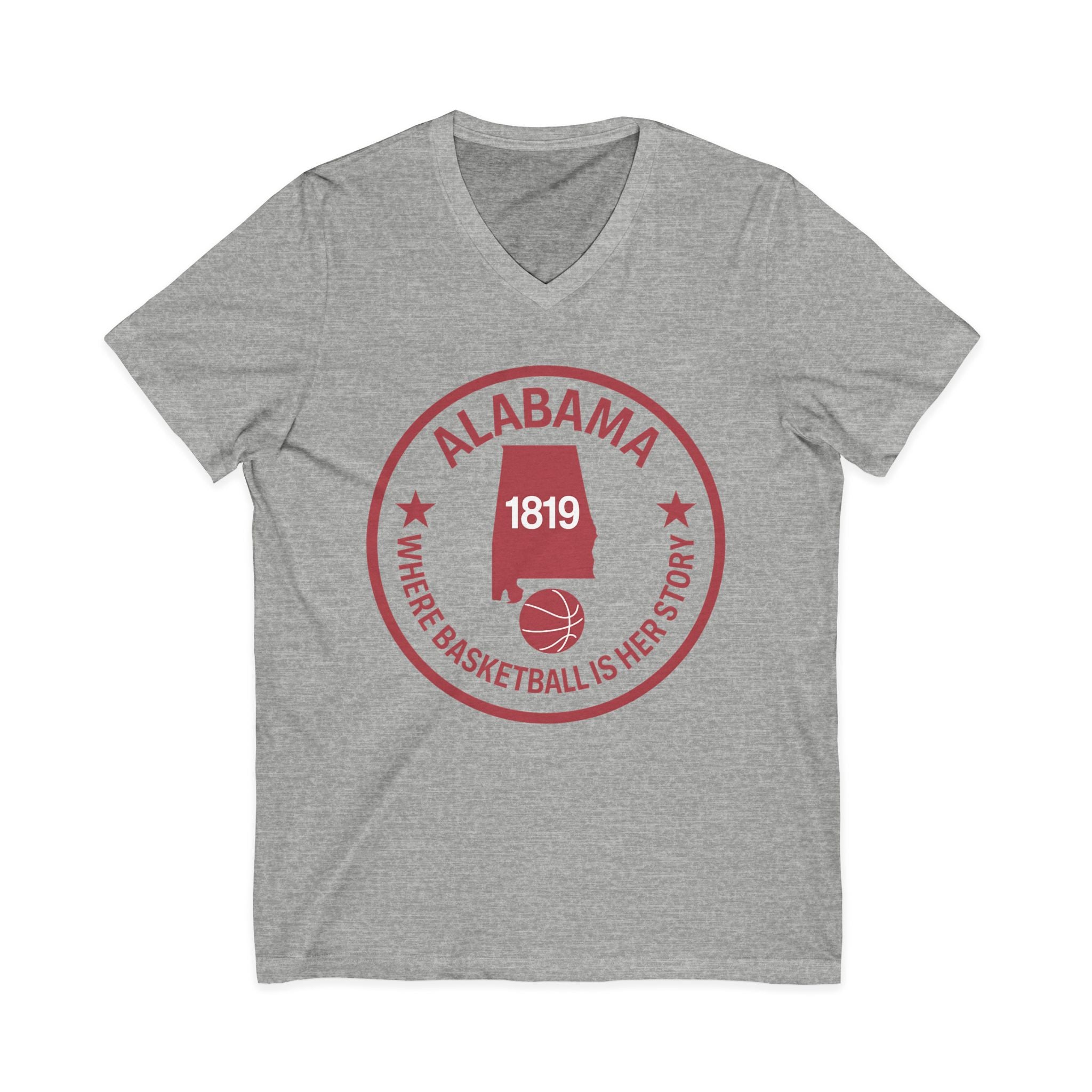 Alabama Basketball V-Neck Tee — "Where Basketball Is Her Story" State Logo