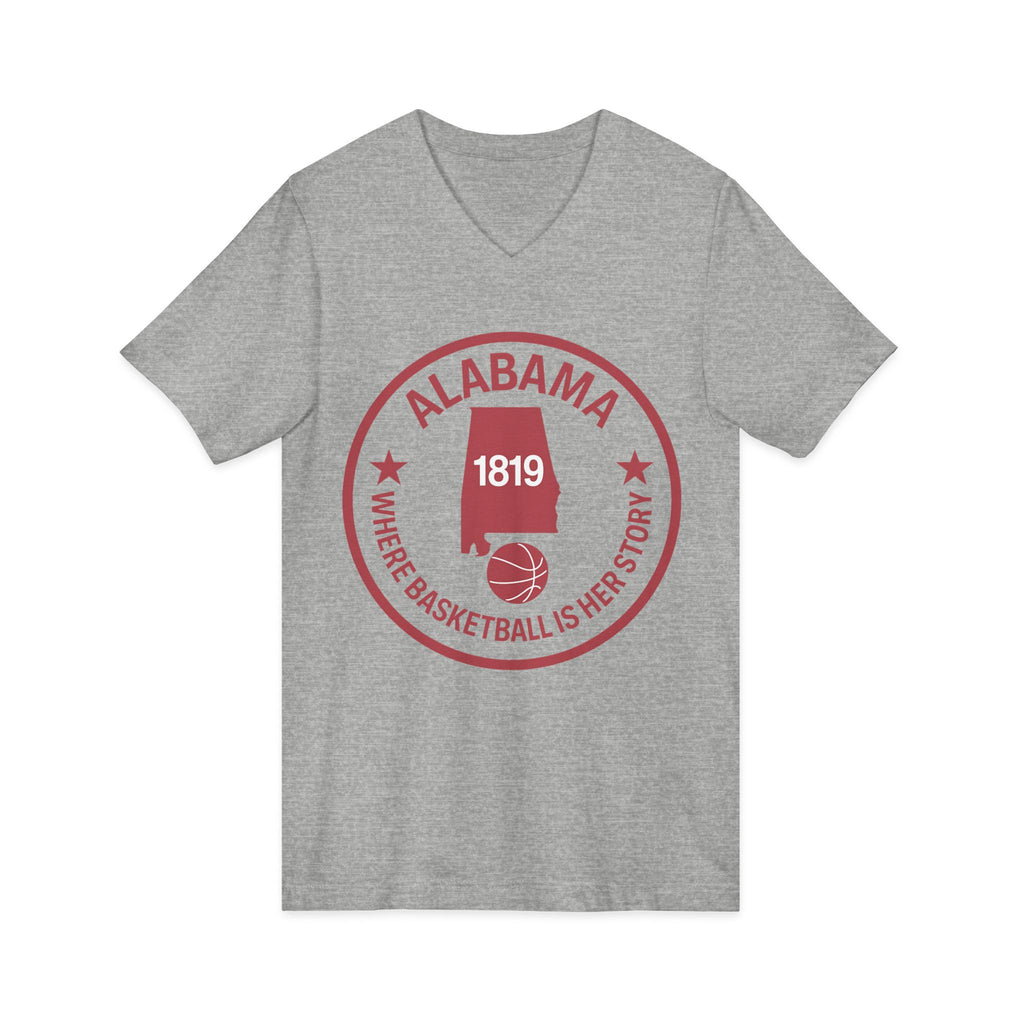 Alabama Basketball V-Neck Tee — "Where Basketball Is Her Story" State Logo