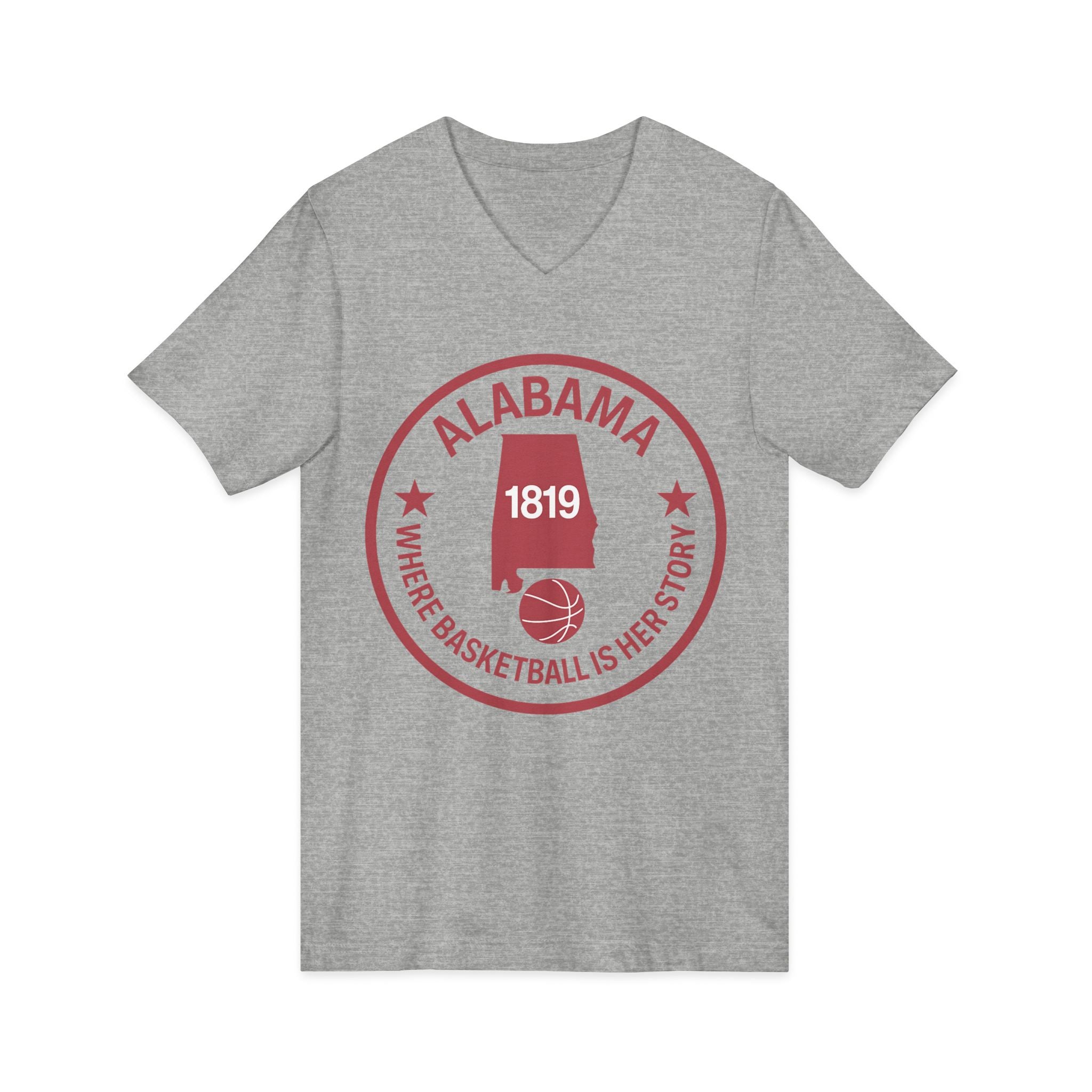 Alabama Basketball V-Neck Tee — "Where Basketball Is Her Story" State Logo