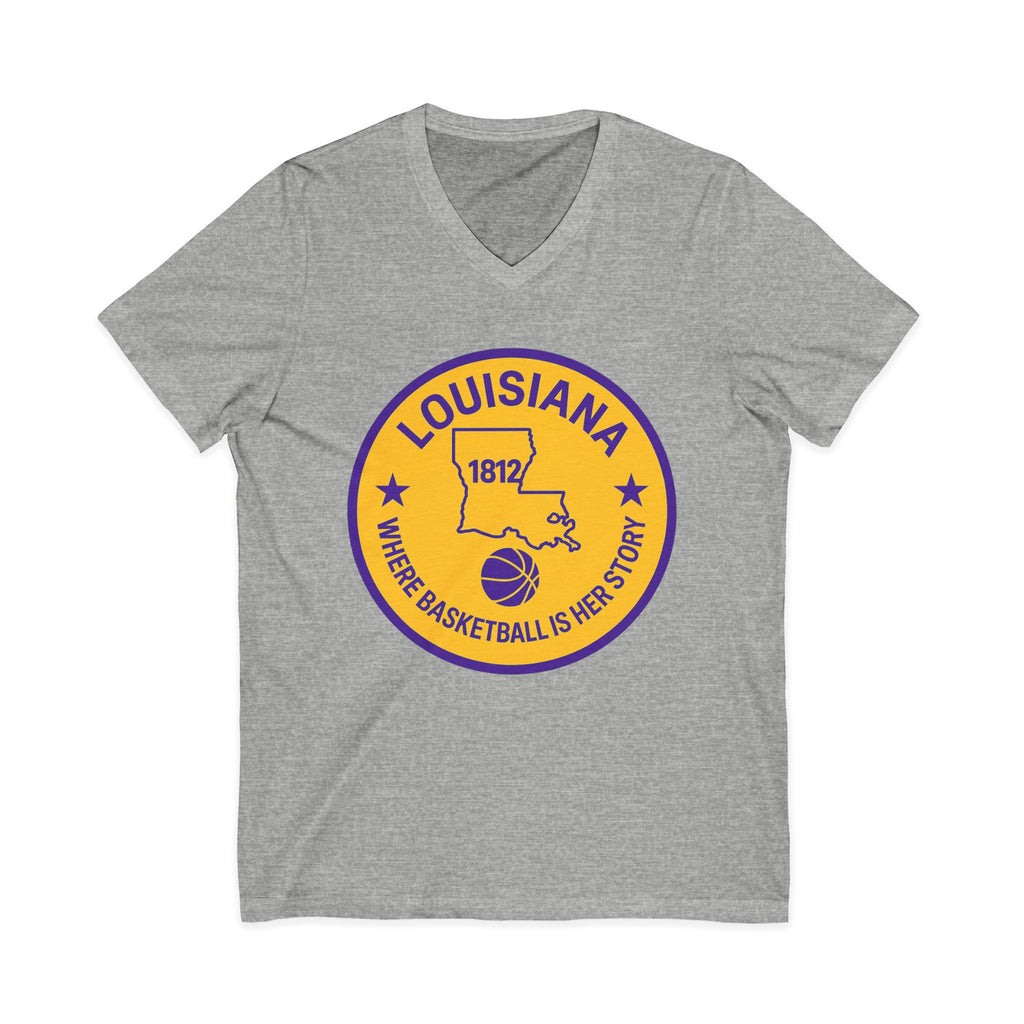 Louisiana Basketball V-Neck Tee — "Where Basketball Is Her Story" State Circle Design