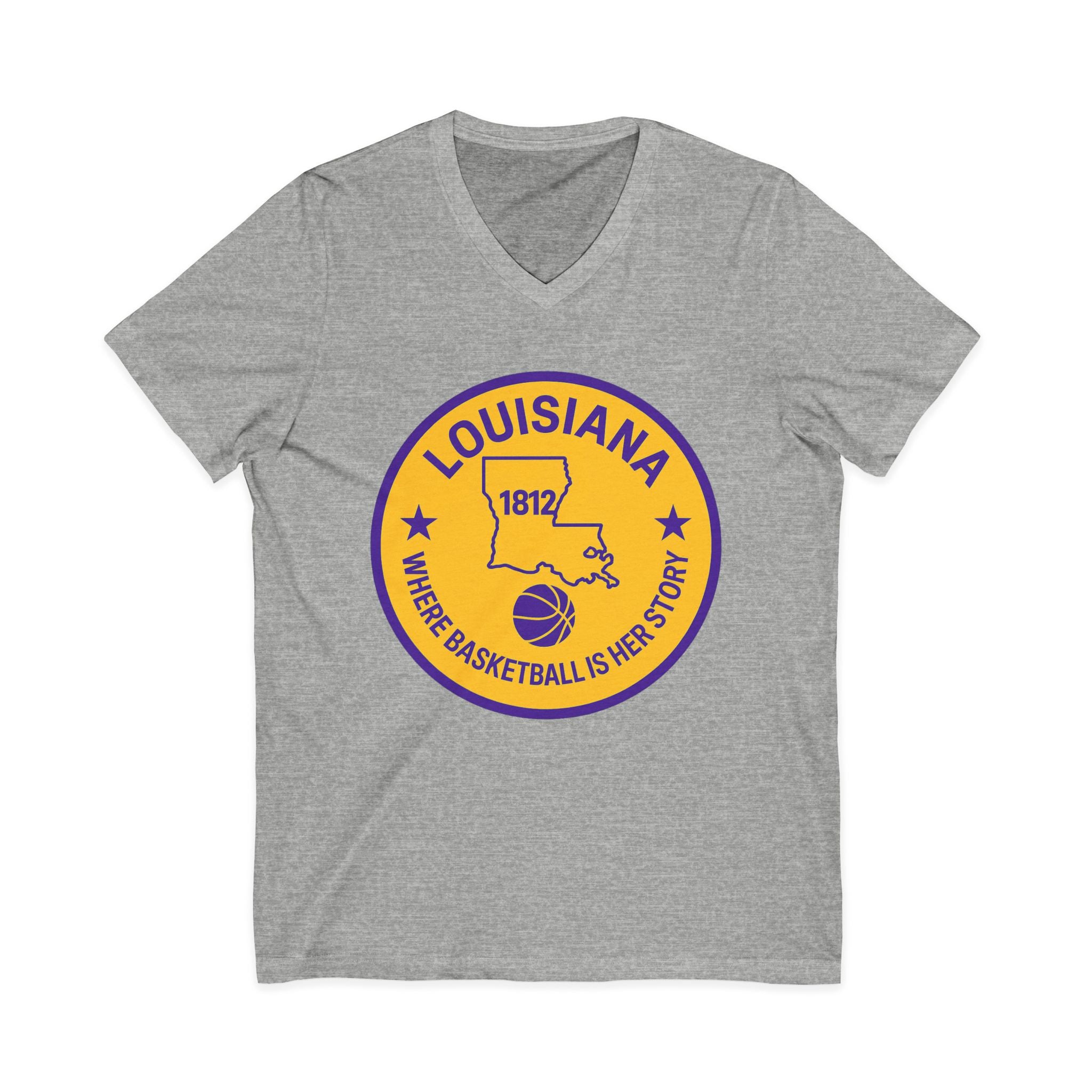 Louisiana Basketball V-Neck Tee — "Where Basketball Is Her Story" State Circle Design