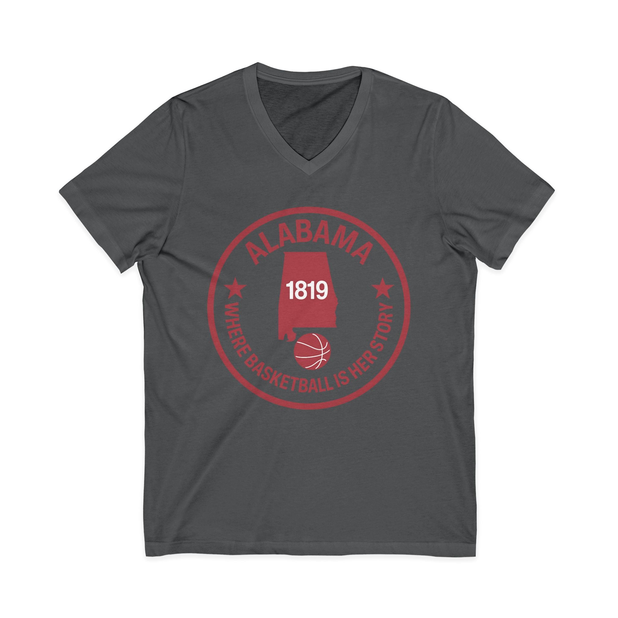 Alabama Basketball V-Neck Tee — "Where Basketball Is Her Story" State Logo