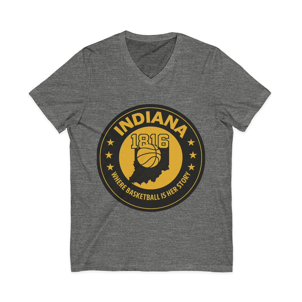 Indiana 1816 Basketball State Tee — "Where Basketball Is Her Story" V‑Neck