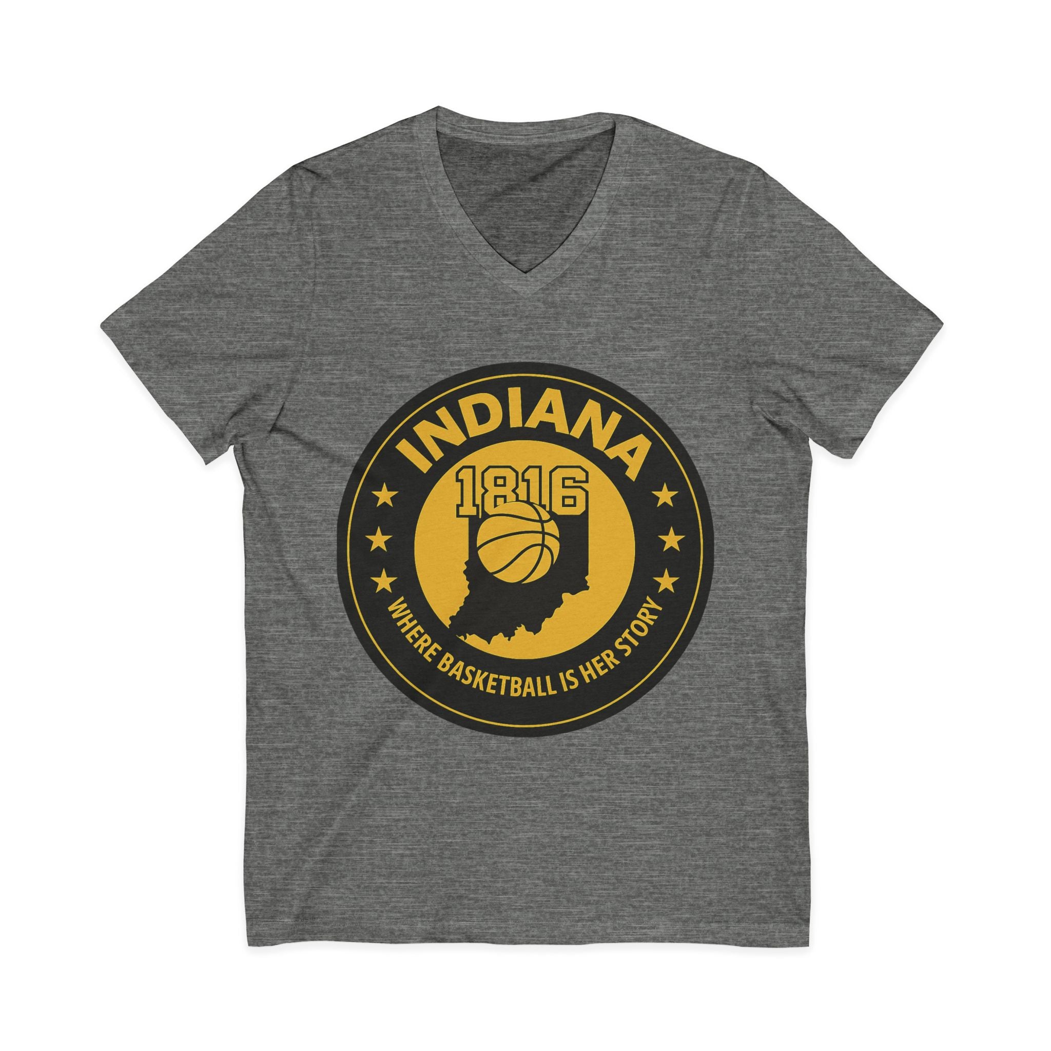 Indiana 1816 Basketball State Tee — "Where Basketball Is Her Story" V‑Neck