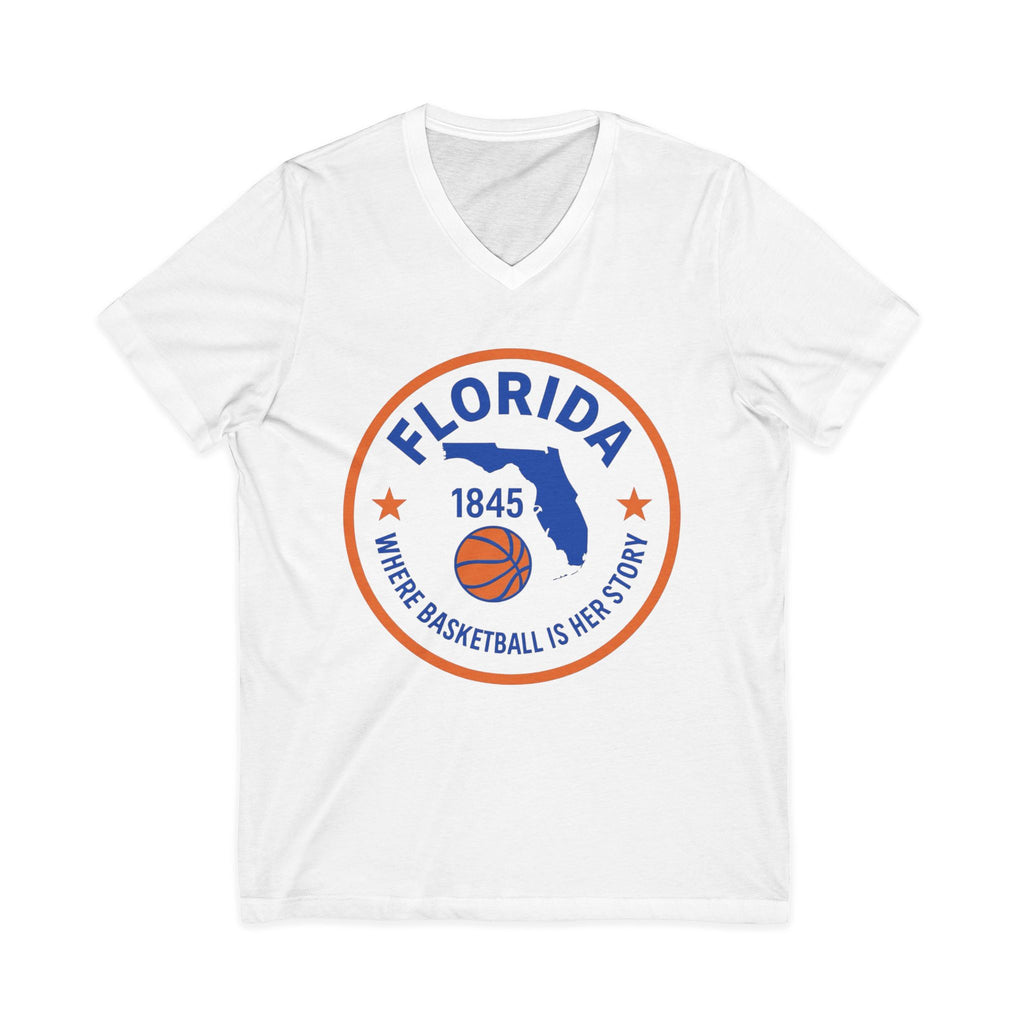 Florida Basketball V‑Neck Tee — "Where Basketball Is Her Story"