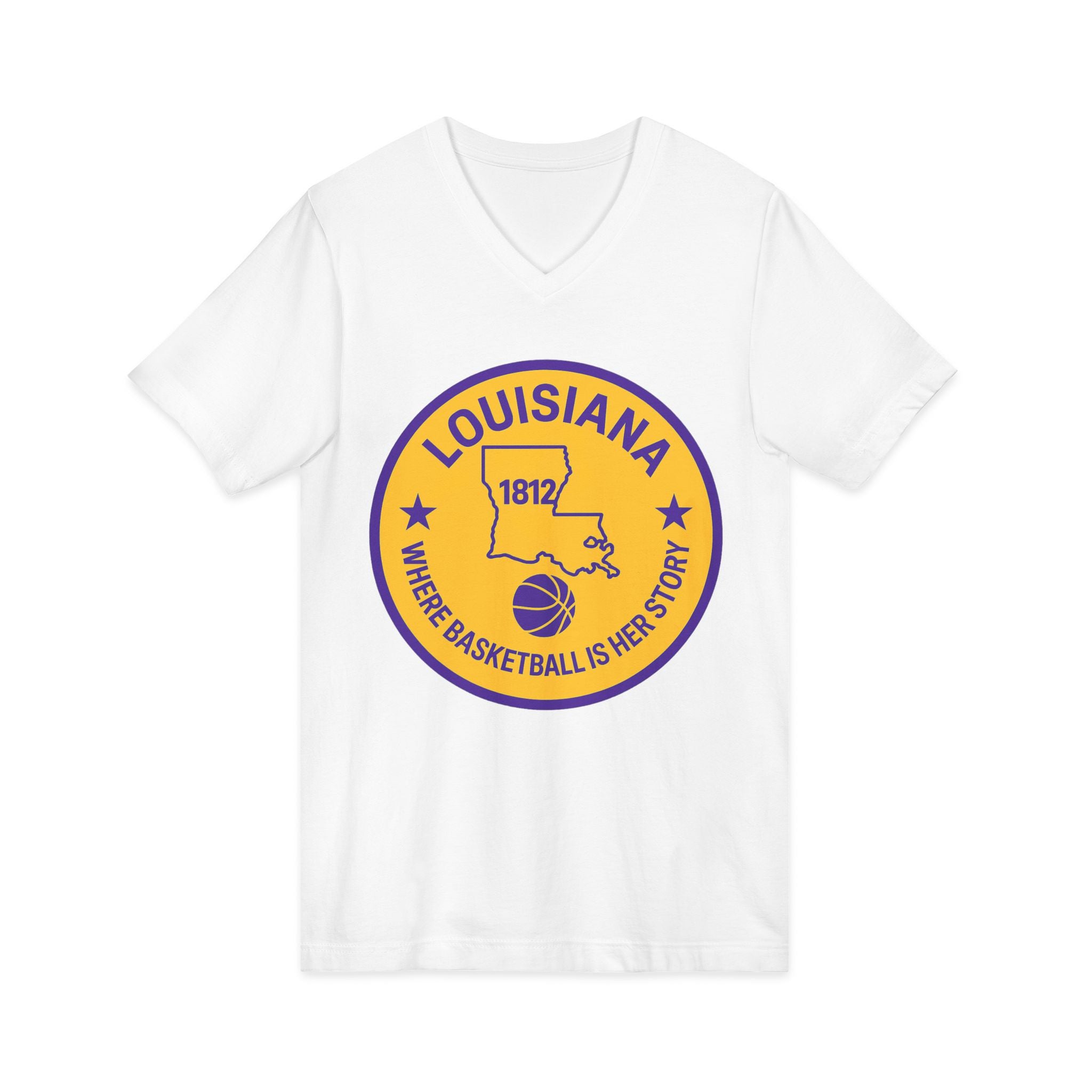 Louisiana Basketball V-Neck Tee — "Where Basketball Is Her Story" State Circle Design