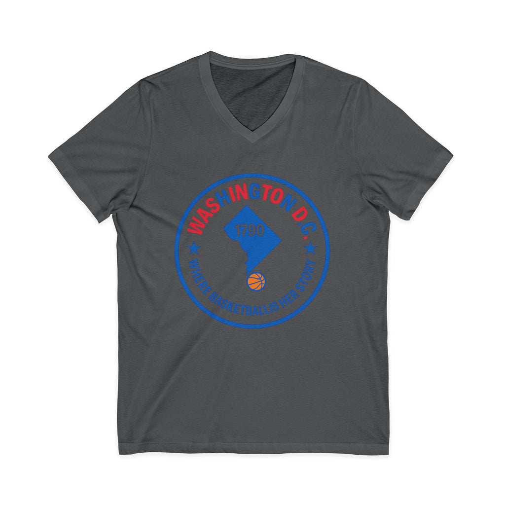 Washington D.C. Basketball Logo V-Neck Tee — "Where Basketball Is Her Sport"