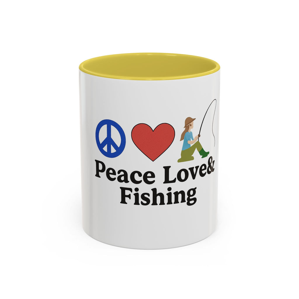 Peace, Love & Fishing Mug - Colorful Ceramic Coffee Cup for Anglers