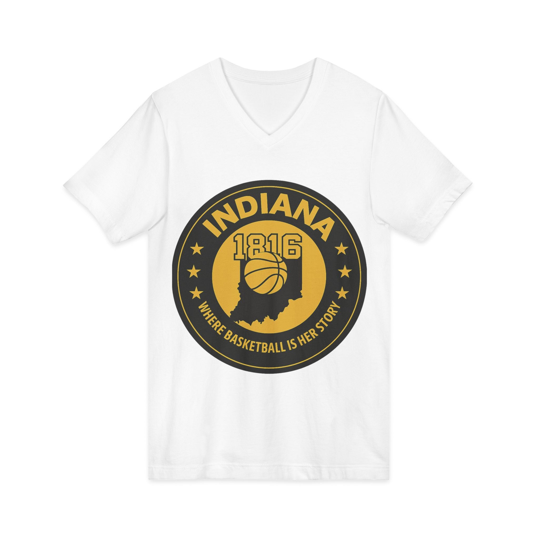 Indiana 1816 Basketball State Tee — "Where Basketball Is Her Story" V‑Neck