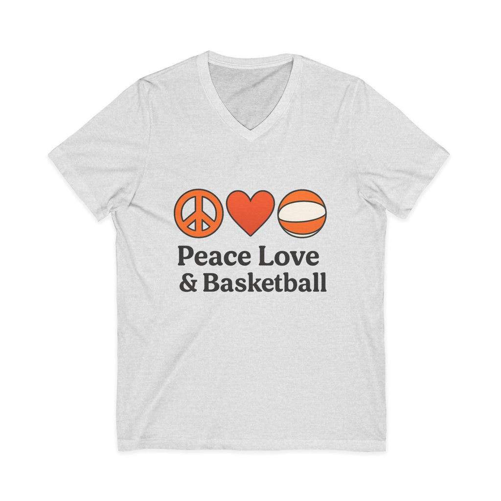 Peace Love & Basketball V-Neck Tee — Basketball Fan Graphic Shirt