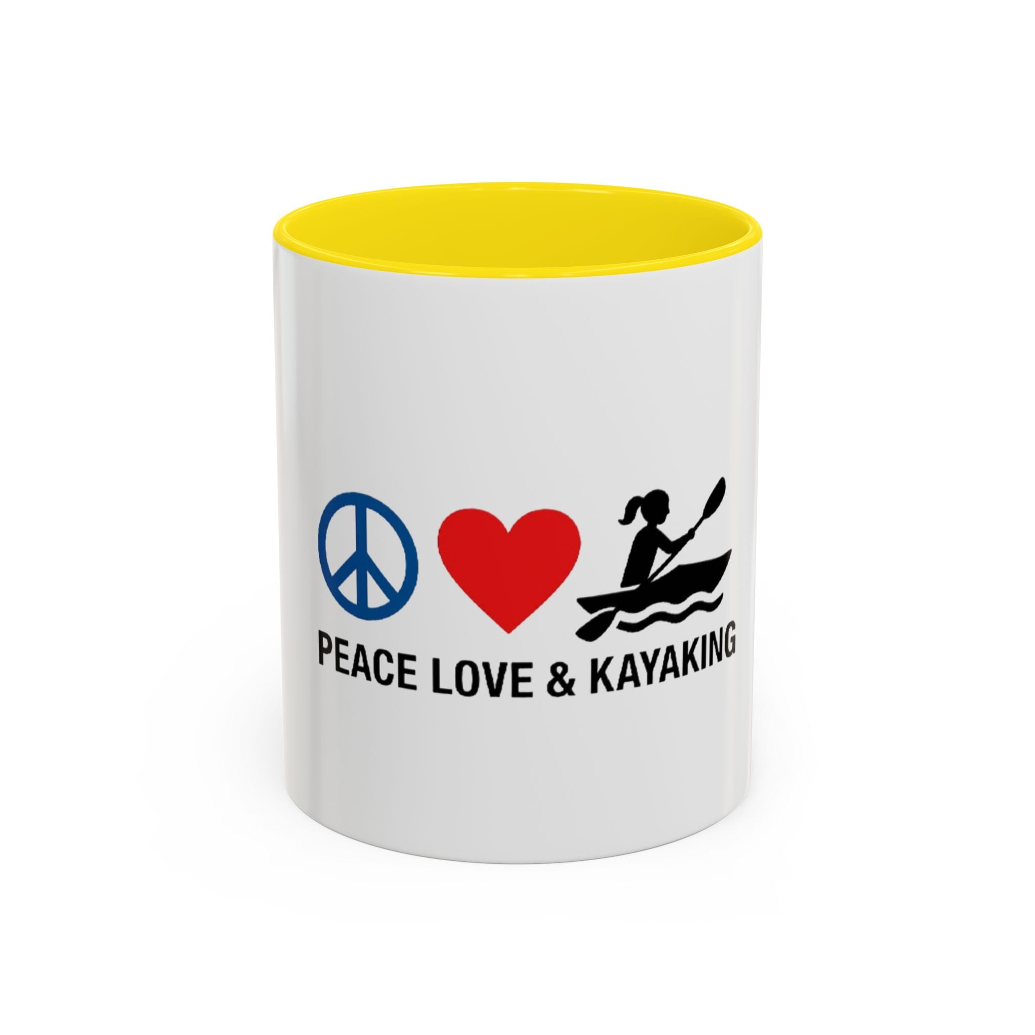 Peace Love & Kayaking Accent Coffee Mug — Kayaker Gift, 11/15oz