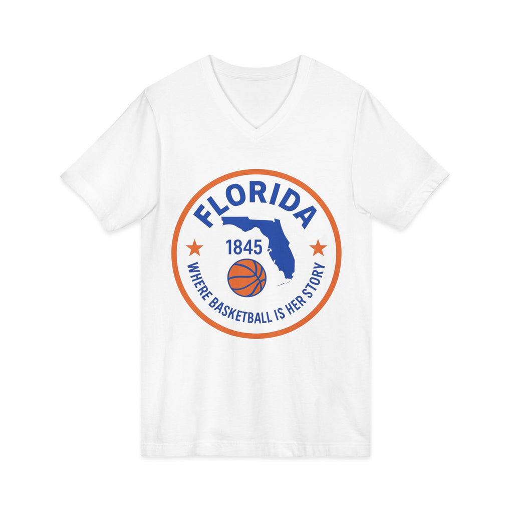 Florida Basketball V‑Neck Tee — "Where Basketball Is Her Story"