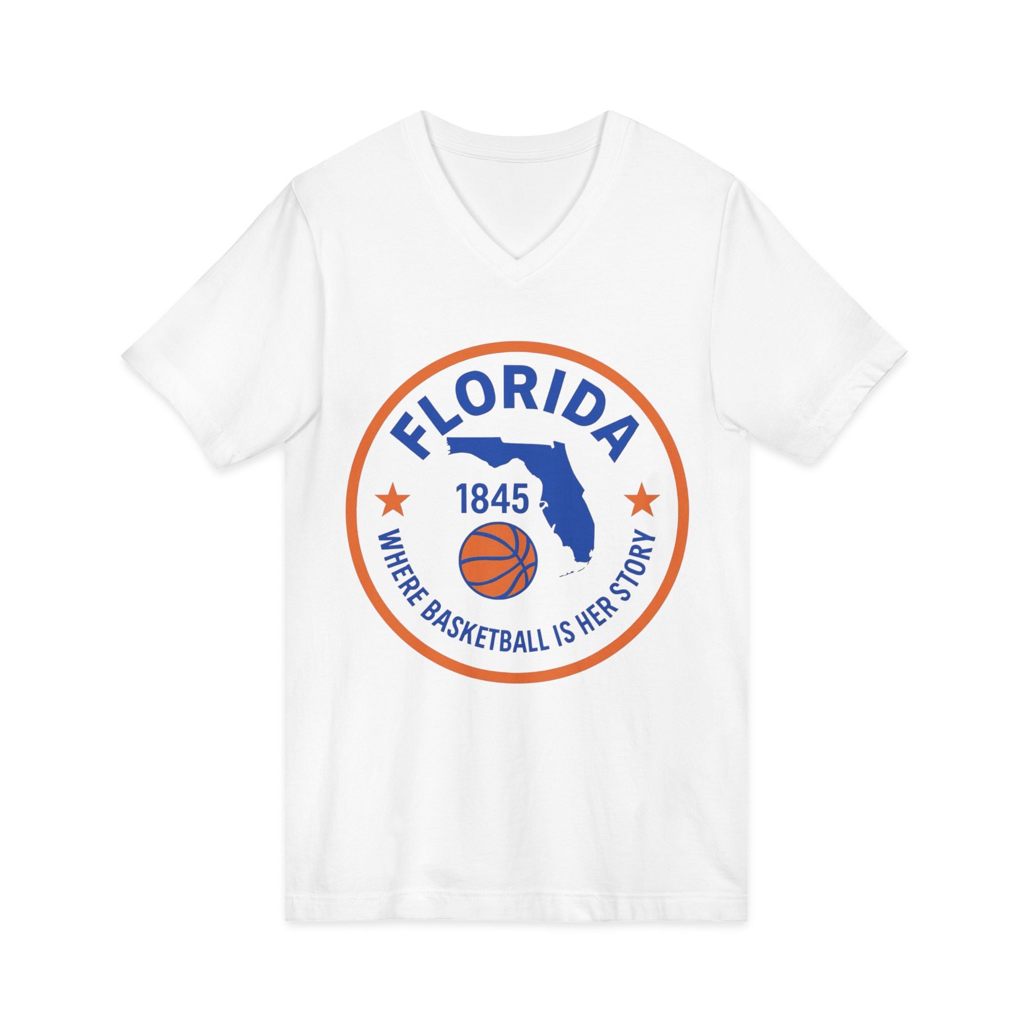 Florida Basketball V‑Neck Tee — "Where Basketball Is Her Story"