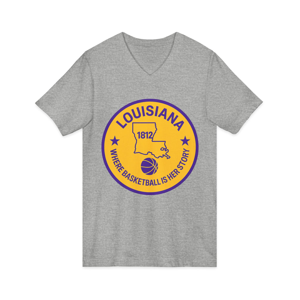 Louisiana Basketball V-Neck Tee — "Where Basketball Is Her Story" State Circle Design