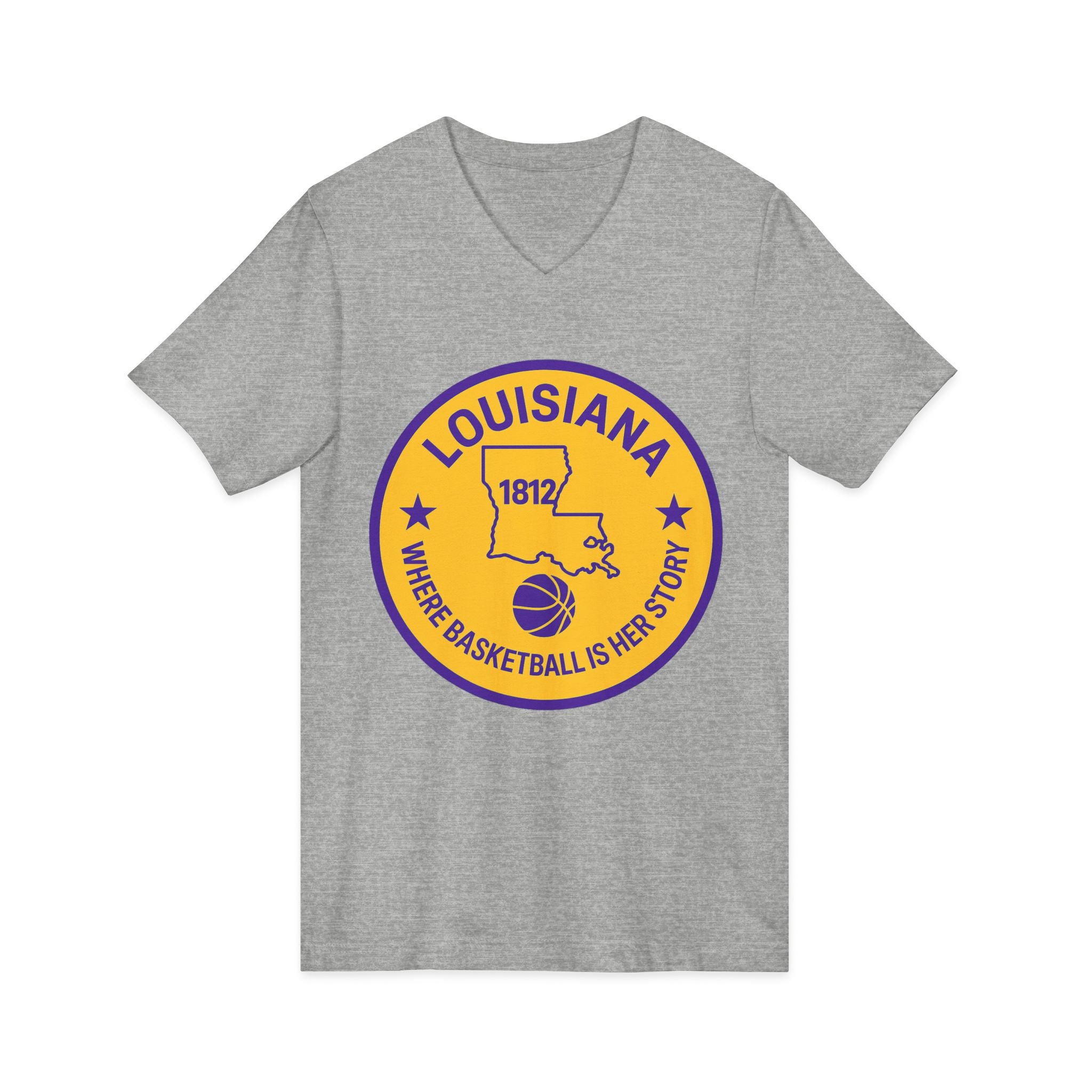 Louisiana Basketball V-Neck Tee — "Where Basketball Is Her Story" State Circle Design
