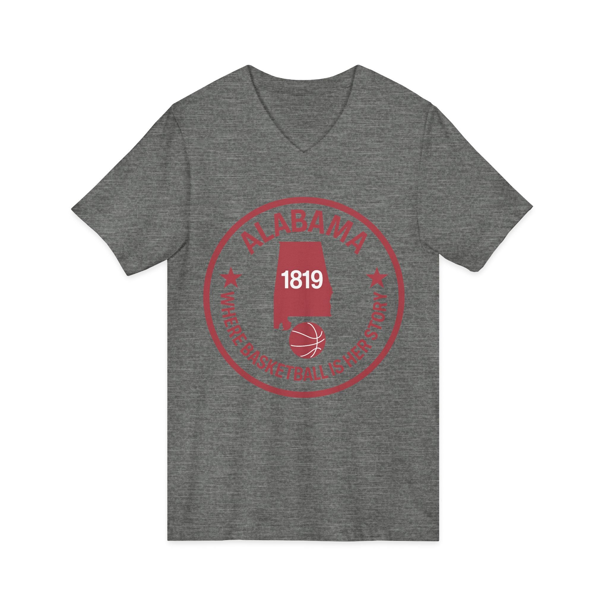 Alabama Basketball V-Neck Tee — "Where Basketball Is Her Story" State Logo