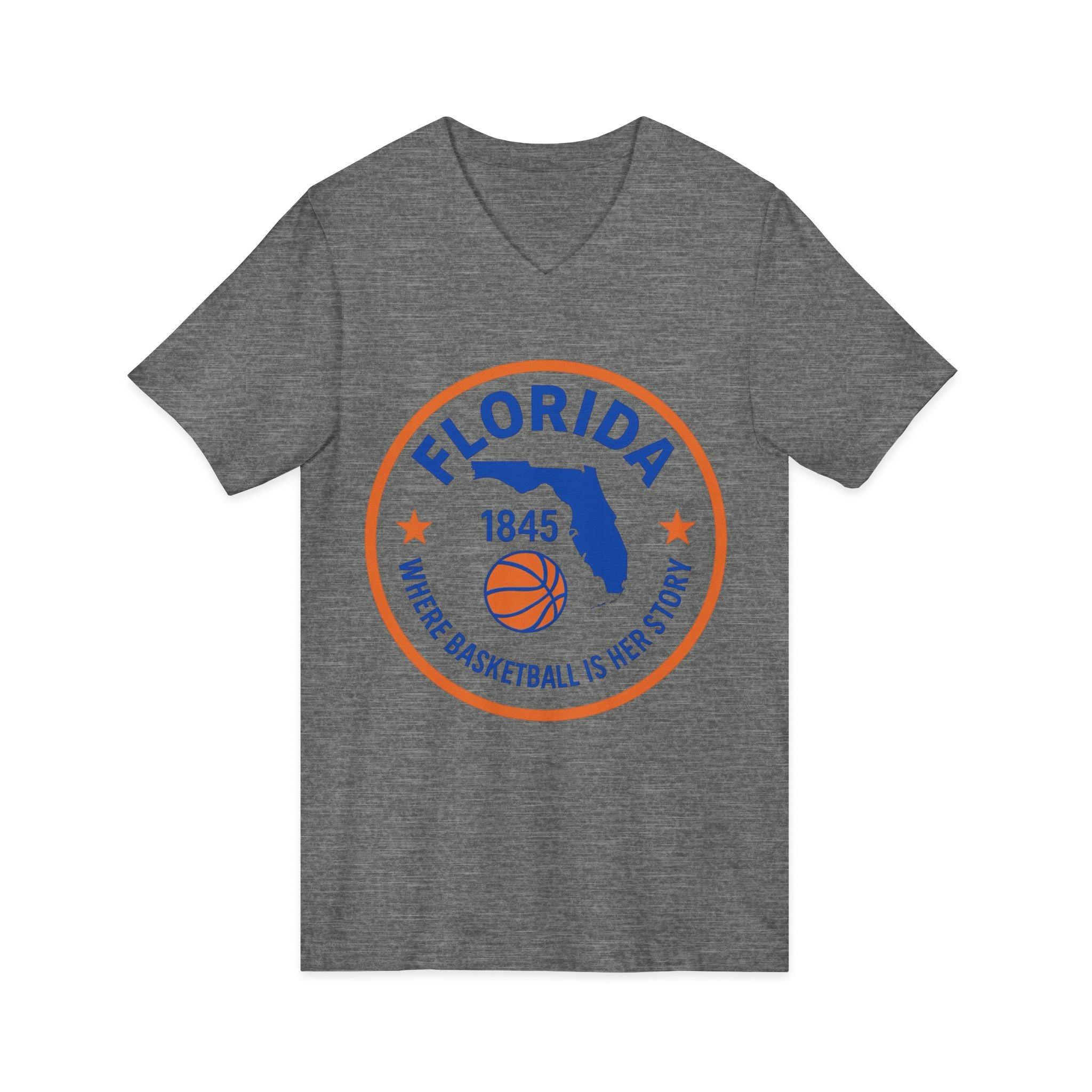 Florida Basketball V‑Neck Tee — "Where Basketball Is Her Story"