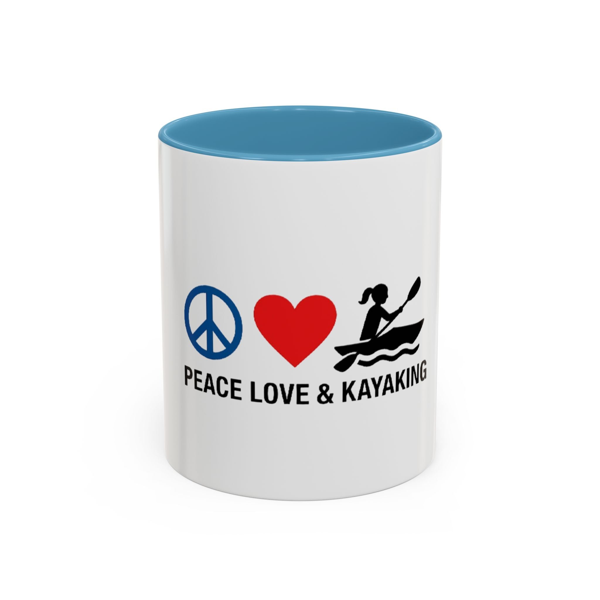 Peace Love & Kayaking Accent Coffee Mug — Kayaker Gift, 11/15oz