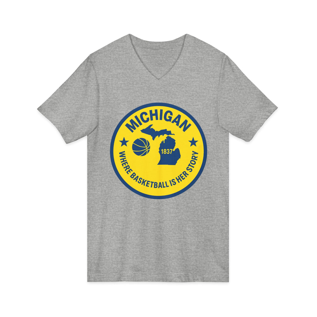 Michigan Basketball V-Neck Tee — 'Where Basketball Is Her Story' State Badge