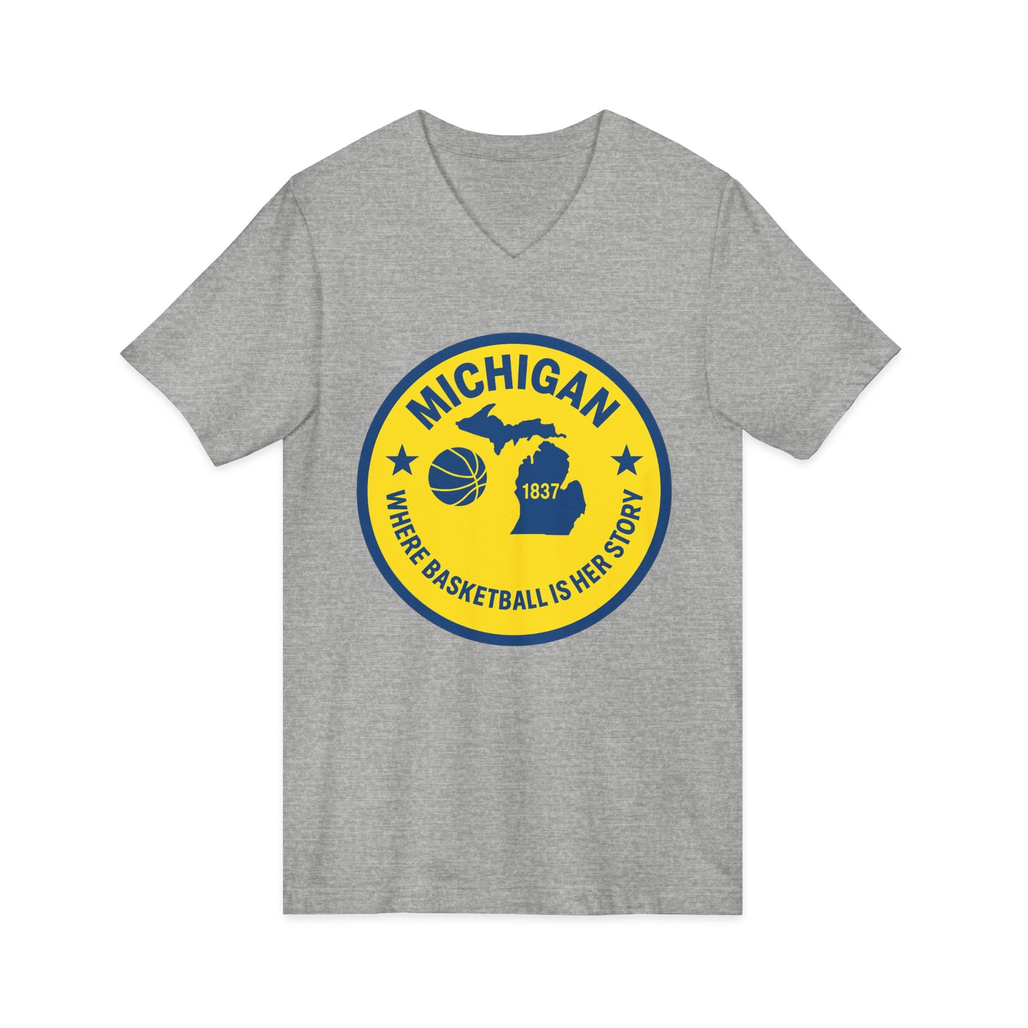 Michigan Basketball V-Neck Tee — 'Where Basketball Is Her Story' State Badge