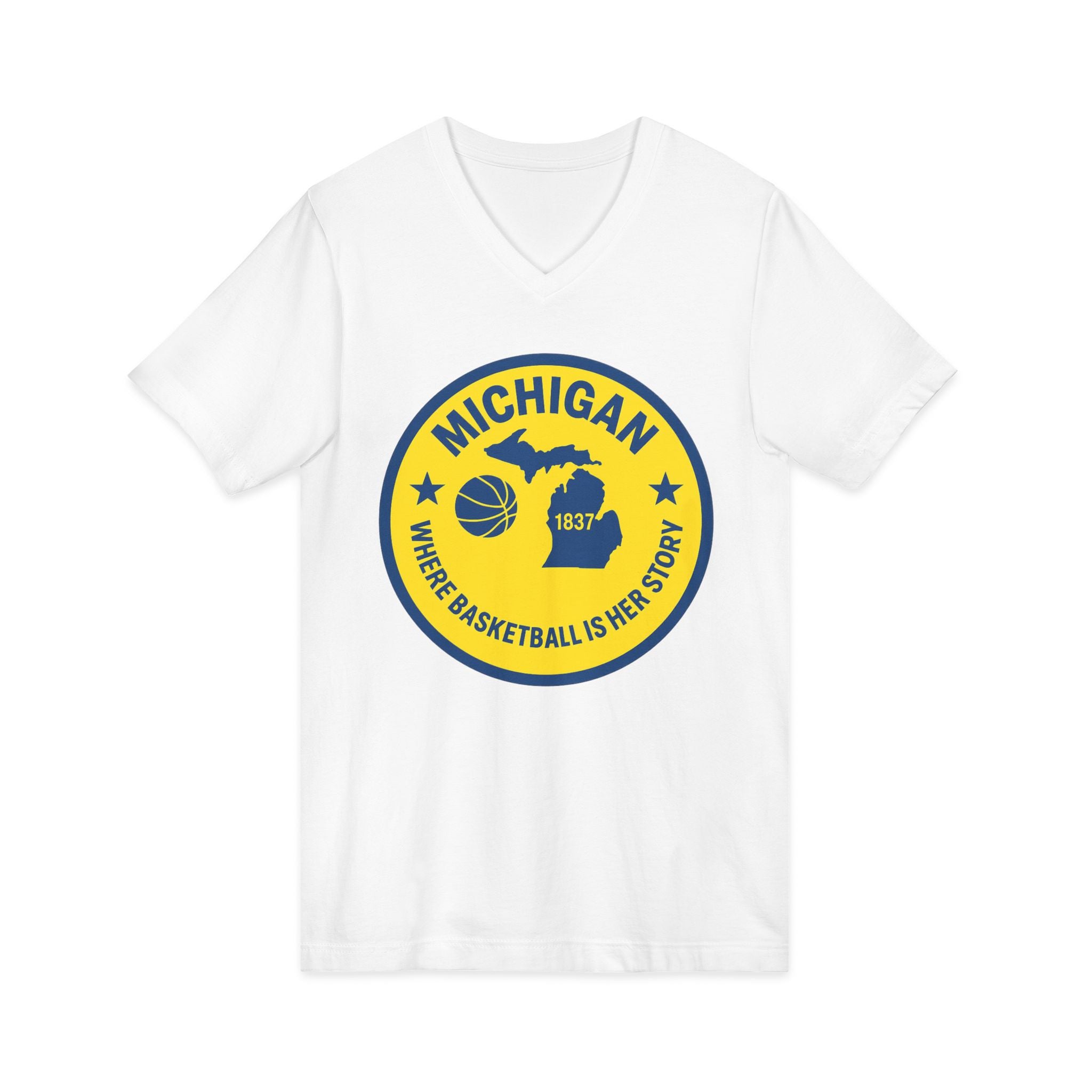 Michigan Basketball V-Neck Tee — 'Where Basketball Is Her Story' State Badge